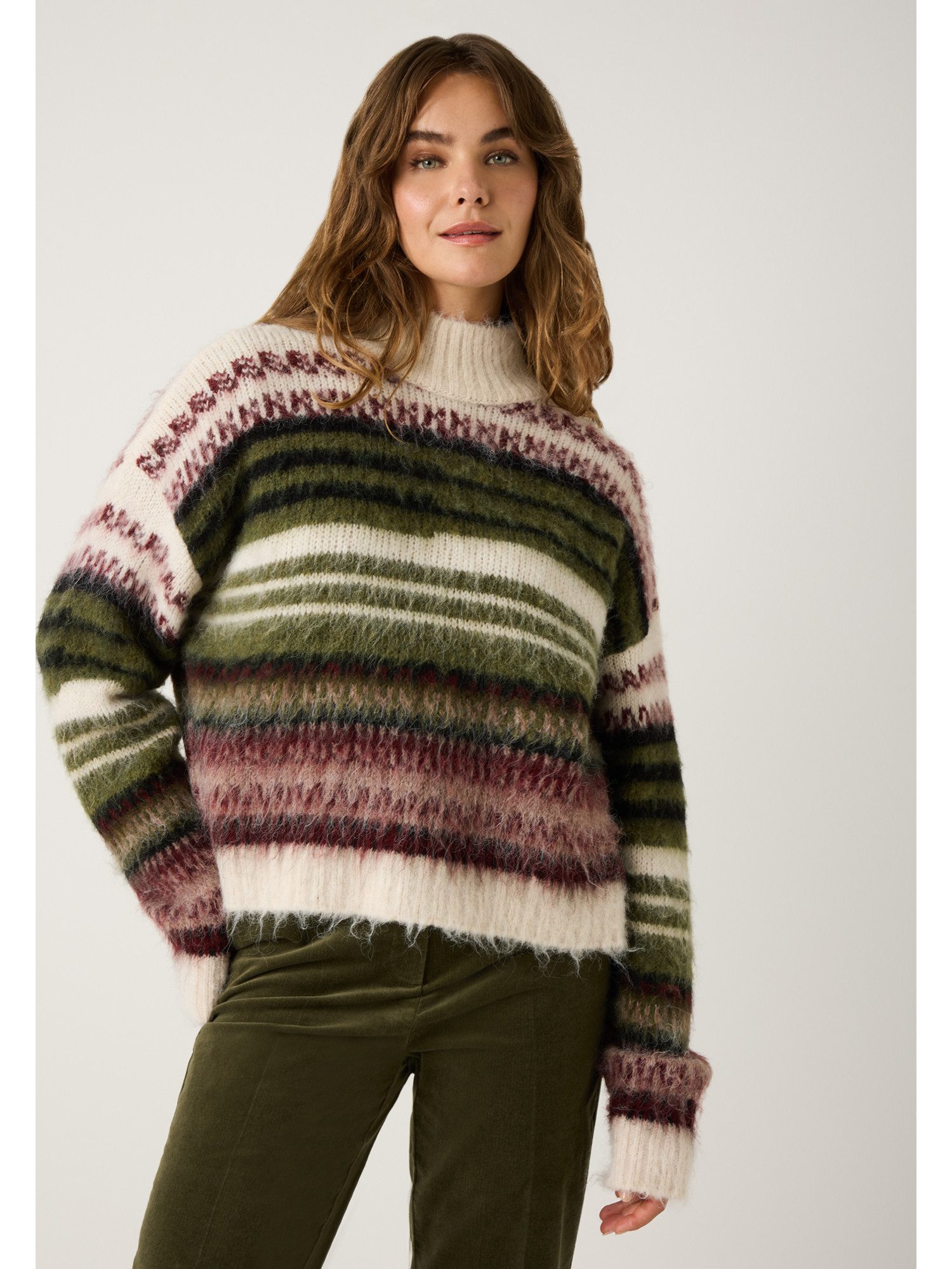 MORE&MORE Rundhalspullover haariger Kuschelpullover, gestreift günstig online kaufen