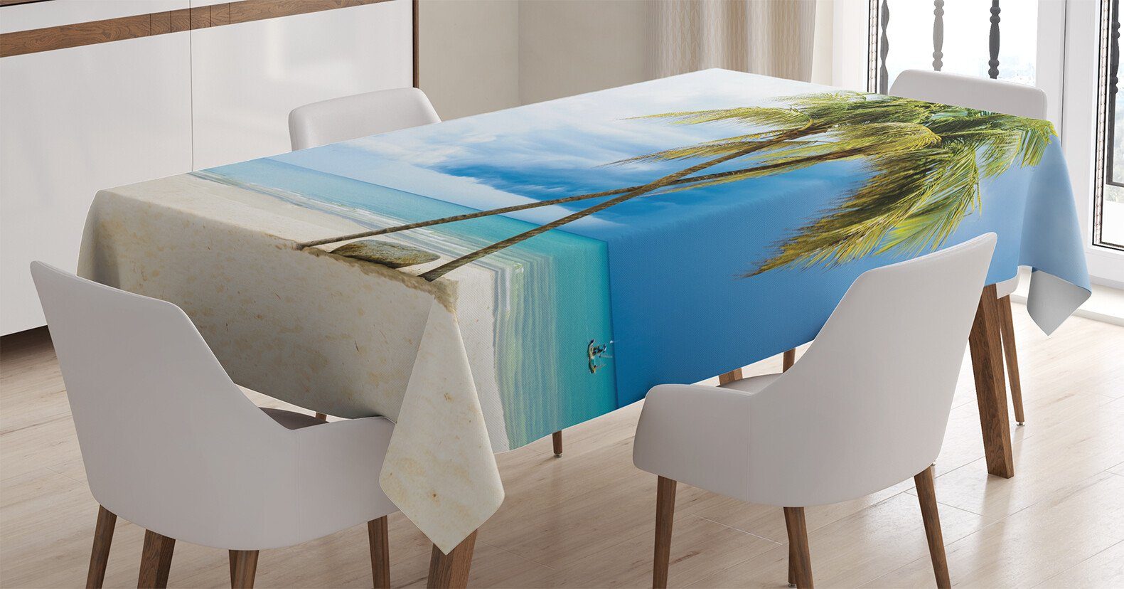 Abakuhaus Tischdecke Für den Waschbar Hawaii geeignet Außen Bereich Klare Farben, Strand-Palmen-Felsen Farbfest