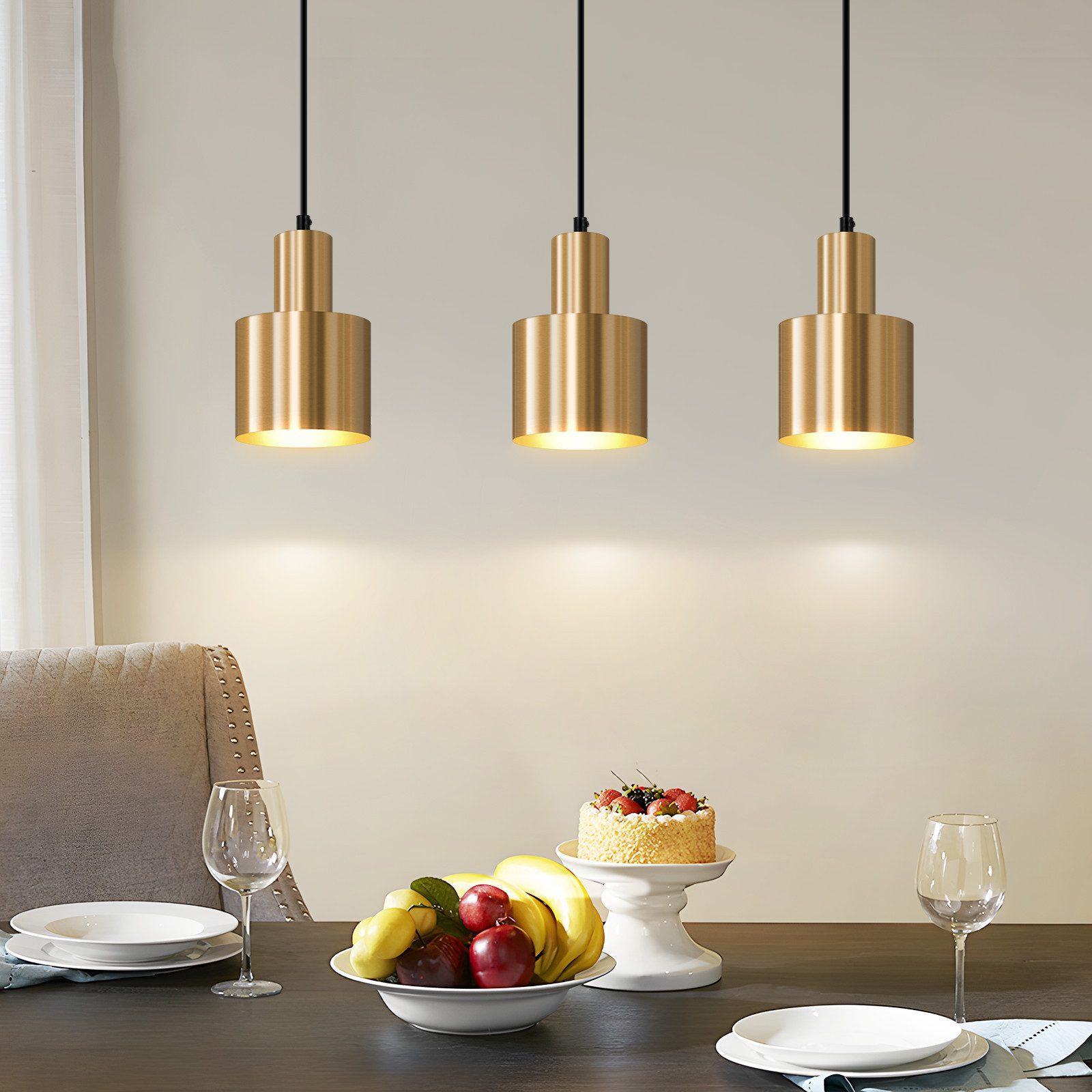 ZMH Pendelleuchte Esszimmer 3 Flammig Gold E27 Hängelampe Metall Schlafzimmer Flur, Einfache Installation, ohne Leuchtmittel, Vintage Esstischlampe für Schlafzimmer Küche