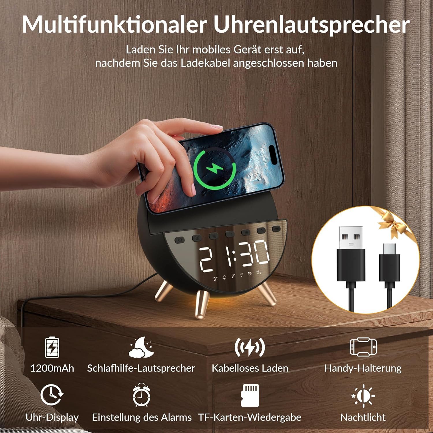 Vivitar Wecker 7in1 Digitalwecker 15W Wireless-Ladefunktion, Bluetooth-Lautsprecher Nachtlicht, Doppelalarm, Schlafgeräusche (weißes Rauschen)