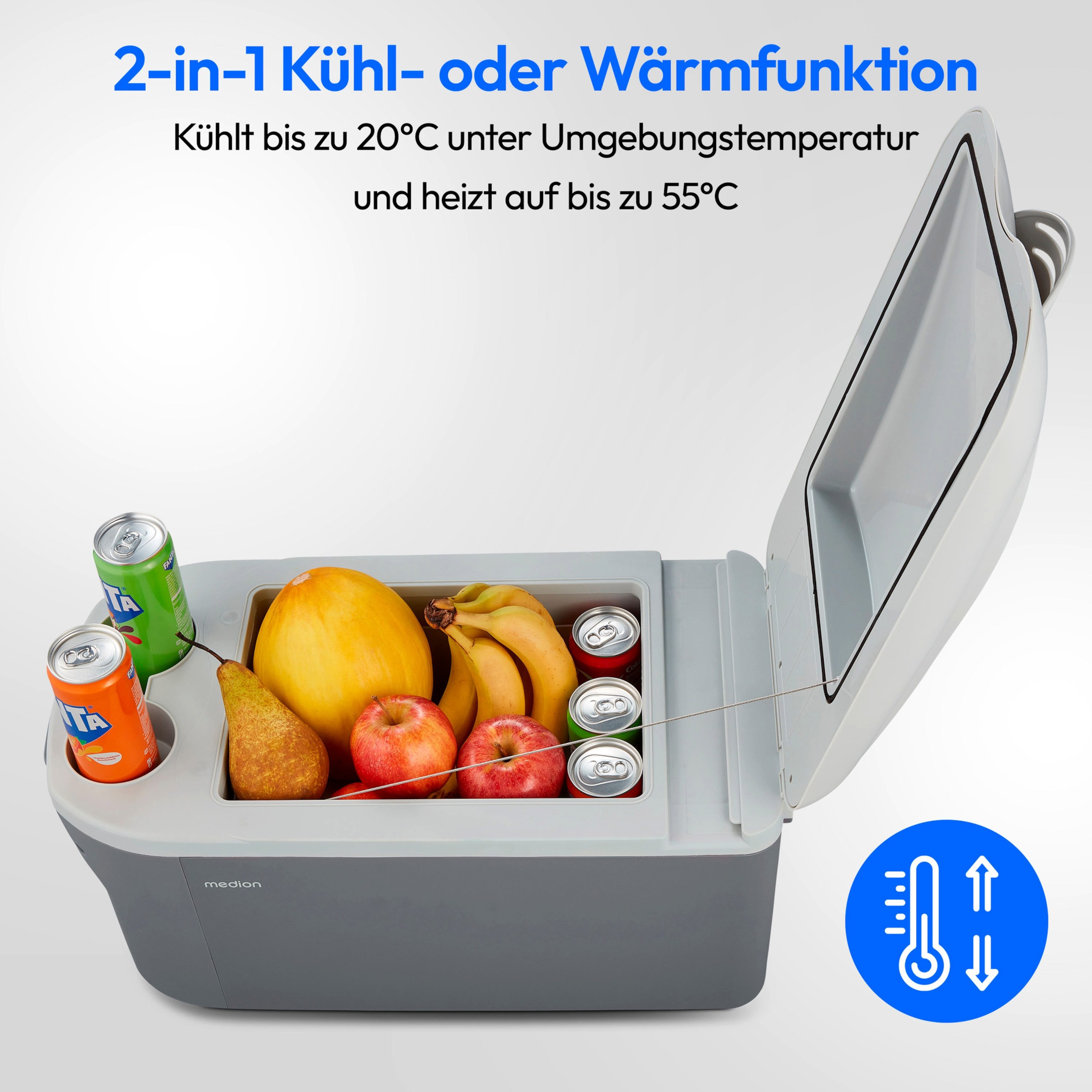 Medion® Kühlbox Kühlbox mit Wärmefunktion, 16L, 2in1 Kühlen & Wärmen, 12V/230V/5V USB