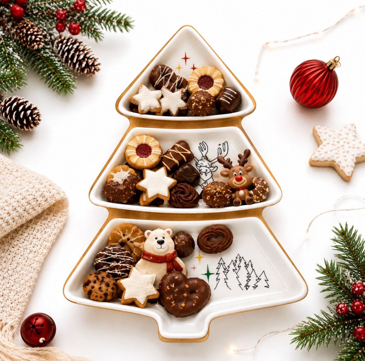 Seyila Home Servierplatte Servierplatte Tannenbaum aus Keramik – 3-teiliges Snack- & Gebäckset, Weihnachtsmann & Co.Kg