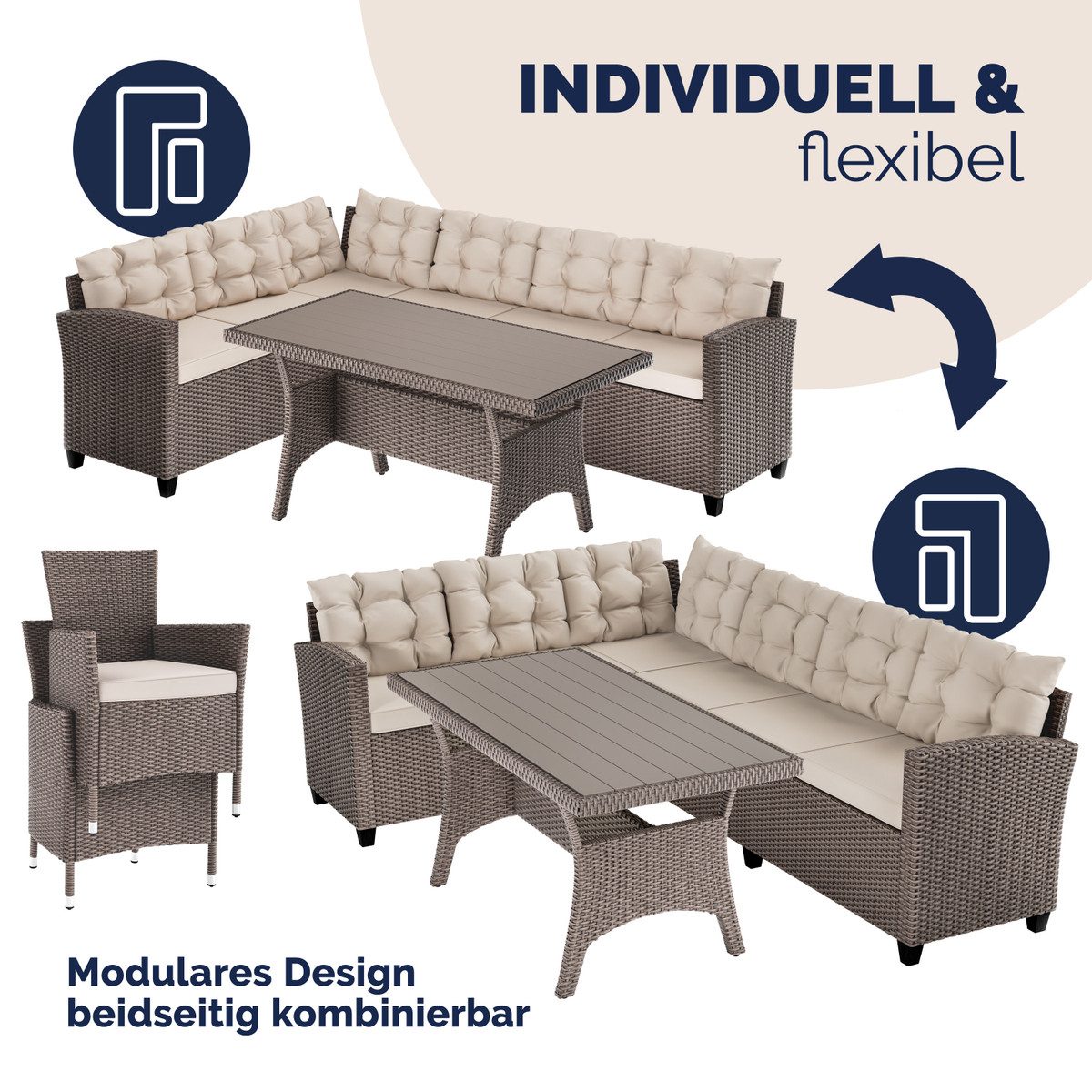 Casaria Gartenlounge-Set Lissabon, (17-tlg), Polyrattan WPC Esstisch Eckbank Gartenstühle 15cm Kissen 7cm Auflagen