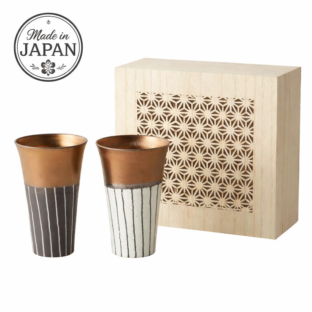 Ogura Ceramics Bierglas Mino Ware ein Paar längliche Bier Tassen in einer edlen Holzbox