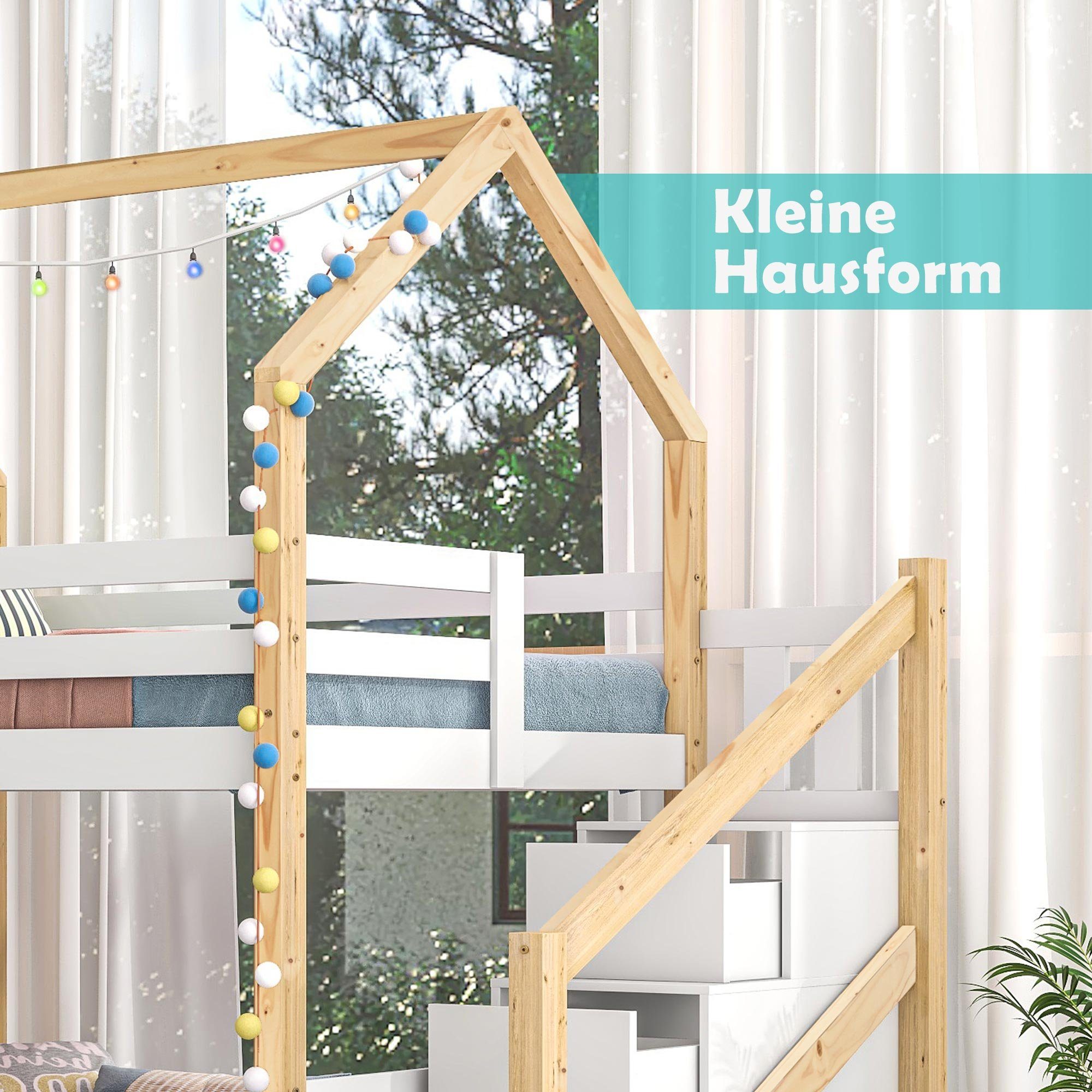 Etagenbett, mit Lattenrost und 4 Schubladen, Kiefernholz, 90x200 cm