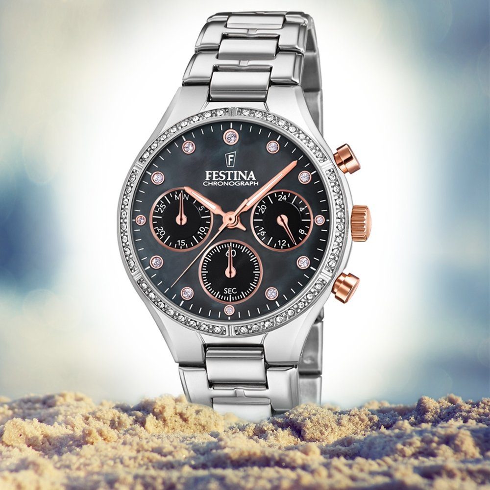 Festina Chronograph Festina Damen Uhr F20401/4 Edelstahl, (Chronograph), Damen Armbanduhr rund, Edelstahlarmband silber