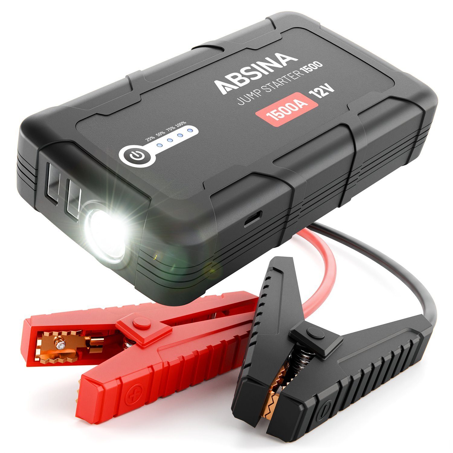 ABSINA Auto Starthilfe Powerbank 1500A - 12V Booster, Ladegerät KFZ Starthilfegerät 2500 mAh (14,8 V)