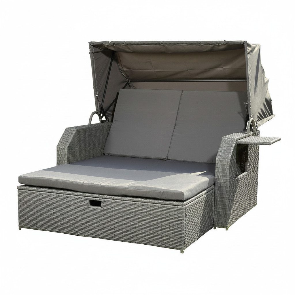 Feel2Home Gartenliege Polyrattan Sonnenliege mit Dach und Fußbank, 2-Sitzer Relaxliege, Sonnenliege und Fußbank inkl. Kissen, Sonnendach, Seitentisch, Doppel-Sonnenliege mit Sonnendach, Fußbank und klappbarem Tisch