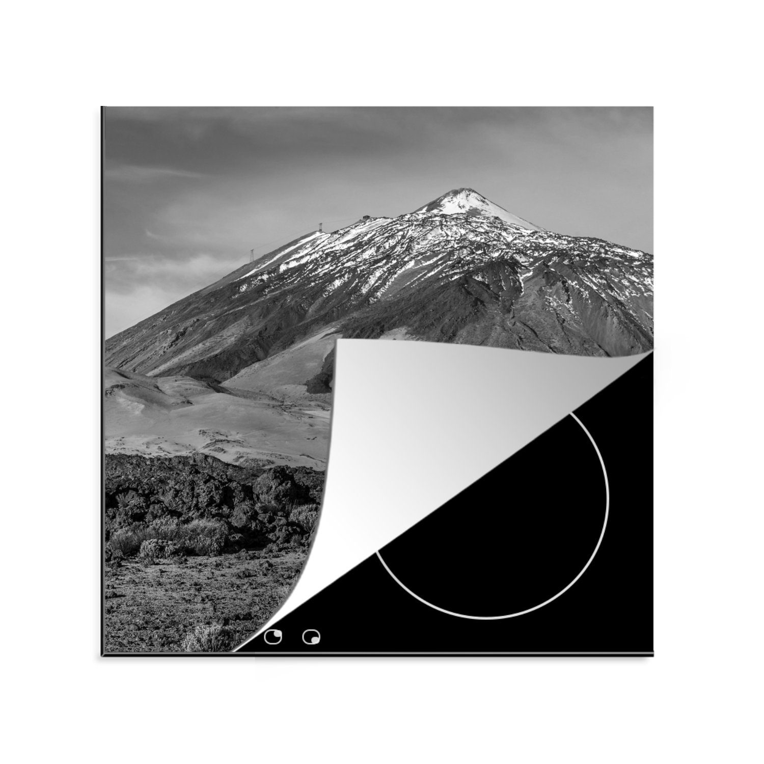 MuchoWow Herdblende-/Abdeckplatte Vulkan El Teide auf Teneriffa, Spanien - Schwarz und weiß, Vinyl, (1 tlg), 78x78 cm, Ceranfeldabdeckung, Arbeitsplatte für küche