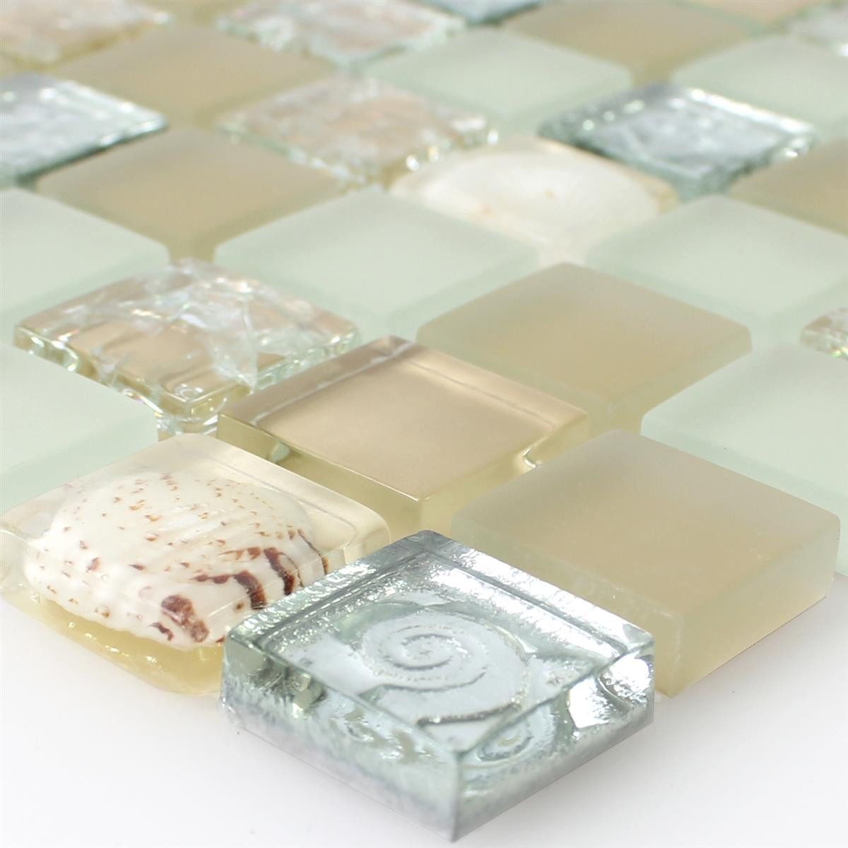 Mosafil Mosaikfliesen Glas Muschel Mosaikfliesen Byron, Glas 30.000x30.000, weiß-beige-braun-silber, Verlegefertig auf ein Netz geklebt - Wasserfest