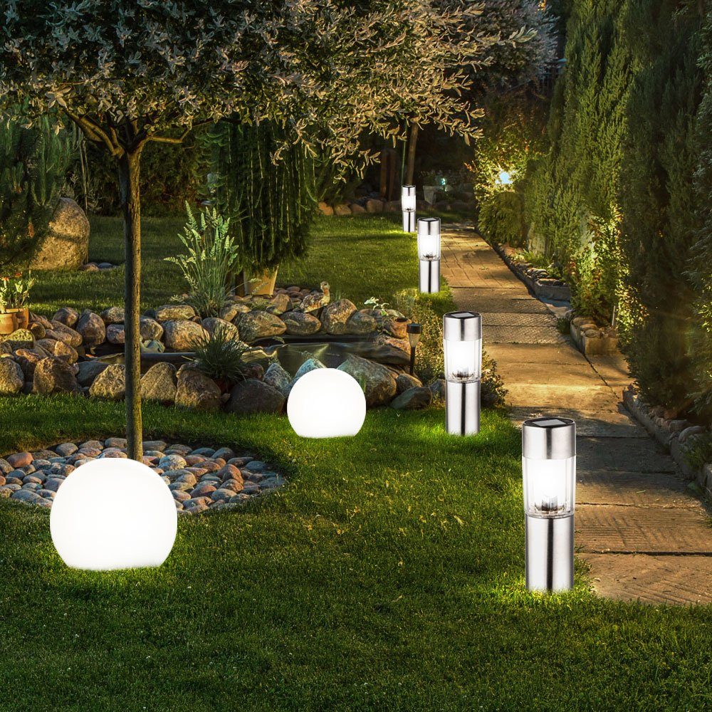 etc-shop LED Gartenleuchte, LED-Leuchtmittel fest verbaut, Warmweiß, 6x LED Solar Deko Leuchten SET Steck Erdspieß Kugel Lampe Garten Weg