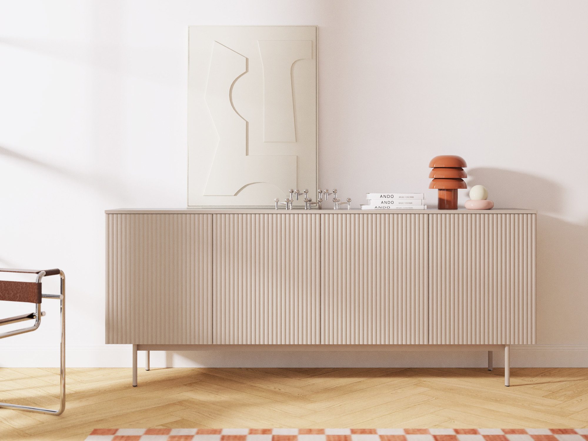 Beautysofa Kommode Soft mit 4 Türen und Einlegeböden (Rillenfronten mit Push-to-Open, In der trendigen Farbe Kaschmir), Breite: 200 cm