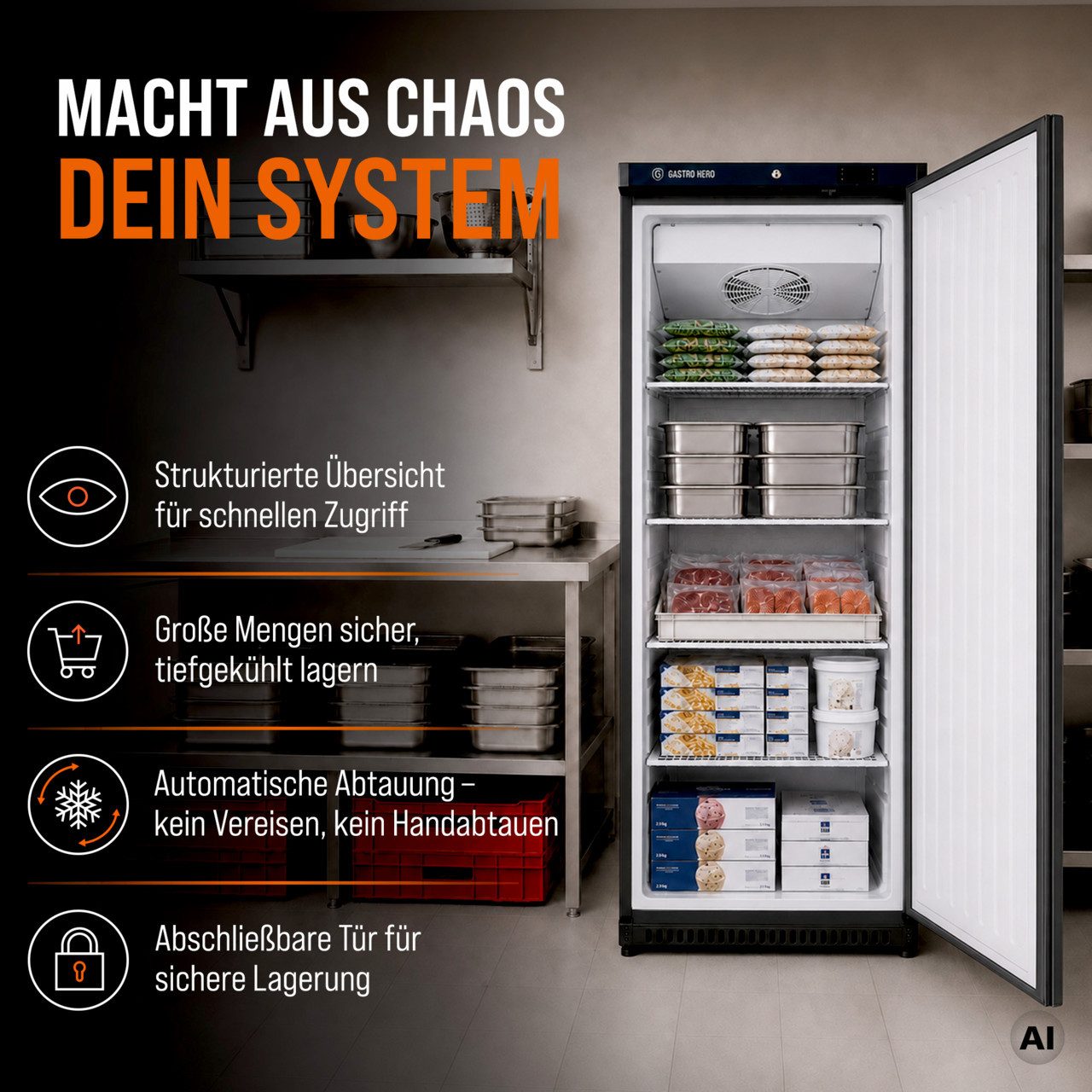 GastroHero Gefrierschrank Lagertiefkühlschrank ECO 600 Schwarz 562 Liter Umluftkühlung LTSE600B, 190 cm hoch, 77.5 cm breit, schwarzes Gehäuse für moderne Profi – Bild 3 von 5