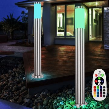 etc-shop LED Außen-Stehlampe, Leuchtmittel inklusive, Warmweiß, 2er Set RGB LED Sockel Steh Leuchte Edelstahl FERNBEDIENUNG