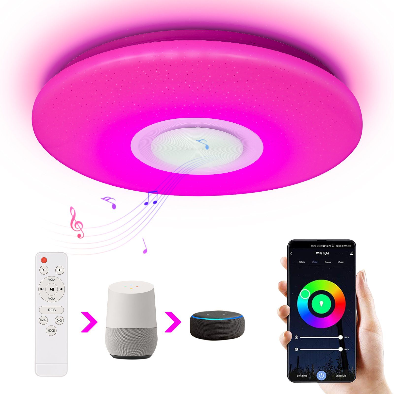 Clanmacy LED Deckenleuchte »24W mit Bluetooth Lautsprecher WiFi, RGB Lampen  Deckenlampe mit Farbwechsel, Kompatibel mit Alexa Google Assistant,  Fernbedienung und APP-Steuerung, Ø39cm, IP24«, LED wechselbar