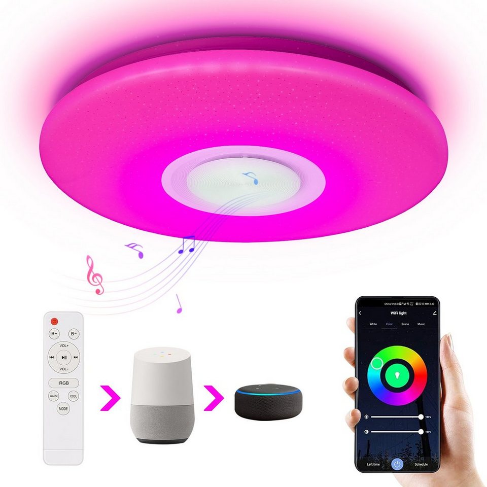 Clanmacy LED Deckenleuchte 24W mit Bluetooth Lautsprecher WiFi, RGB Lampen  Deckenlampe mit Farbwechsel, Kompatibel mit Alexa Google Assistant,  Fernbedienung und APP-Steuerung, Ø39cm, IP24, LED wechselbar