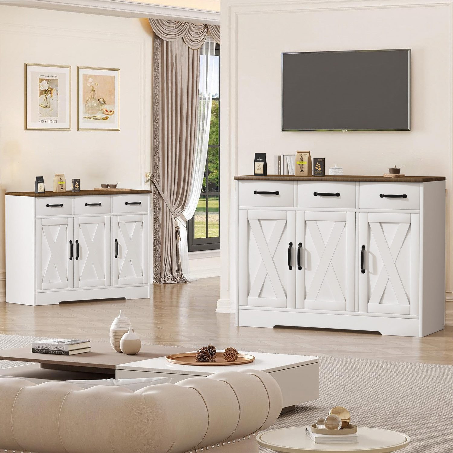 oyajia Sideboard Küchenschrank Aufbewahrungsschrank mit 3 Türen (Sideboard mit Schubladen, Aufbewahrungsschrank mit Türen, für Wohnzimmer Küche Esszimmer), verstellbare Ablage,40 x 108 x 81 cm