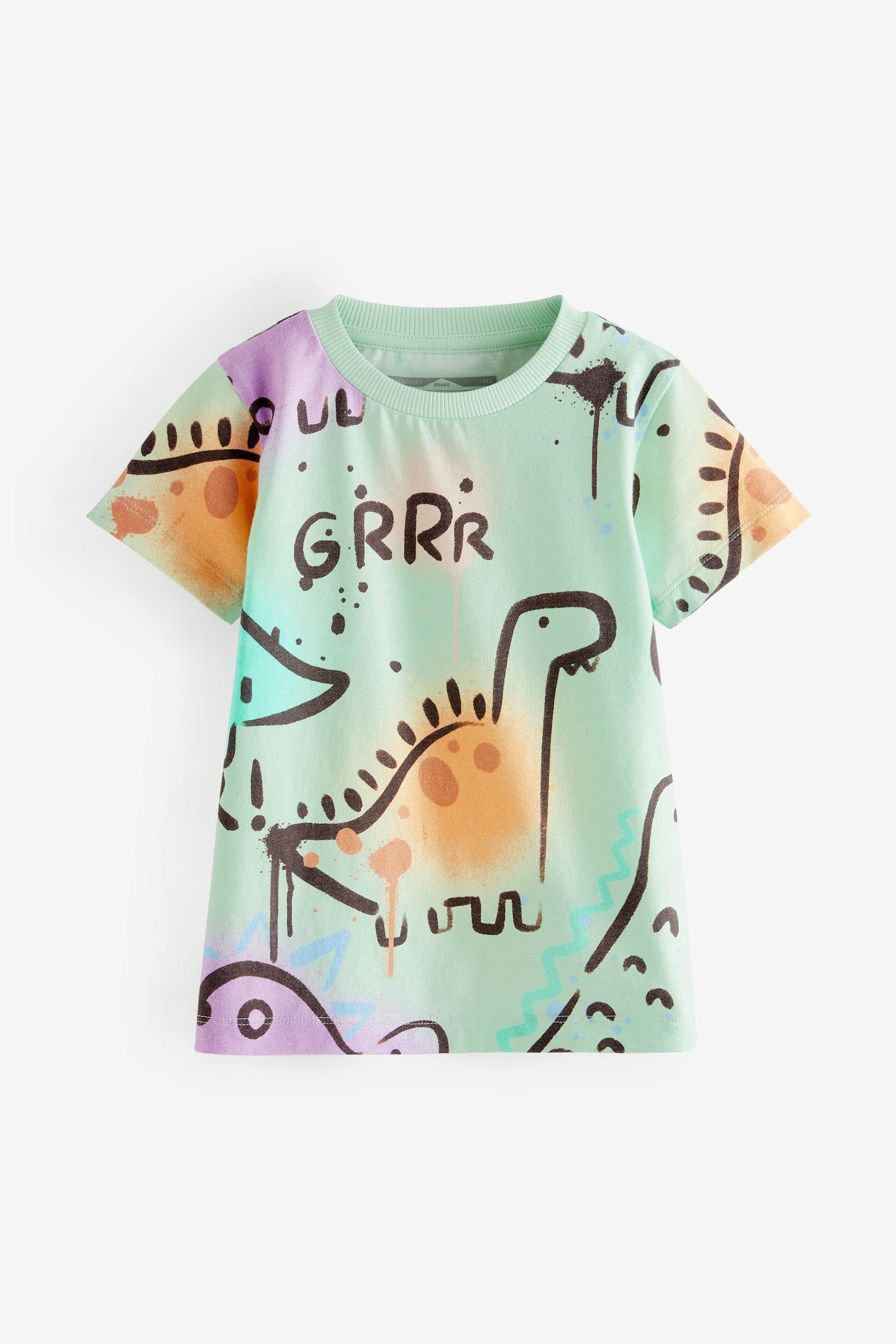Next T-Shirt (1-tlg) T-Shirt bedruckt mit durchgehend Ärmeln, kurzen Dinosaur Green Mint