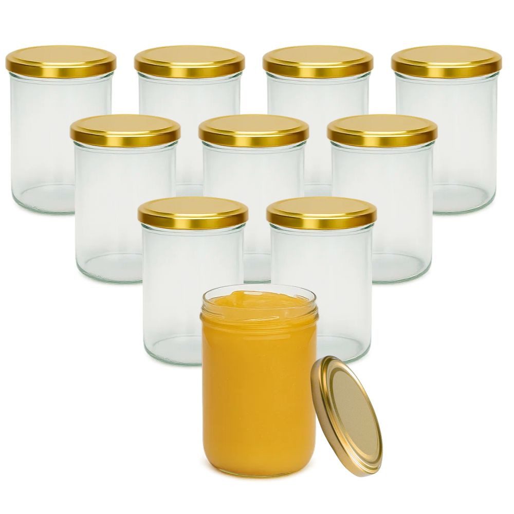 mikken Einmachglas 10x Einmachglas 435 ml mit Deckel und Beschriftungsetiketten, (10er Set mit Etiketten), verschiedene Deckelfarben