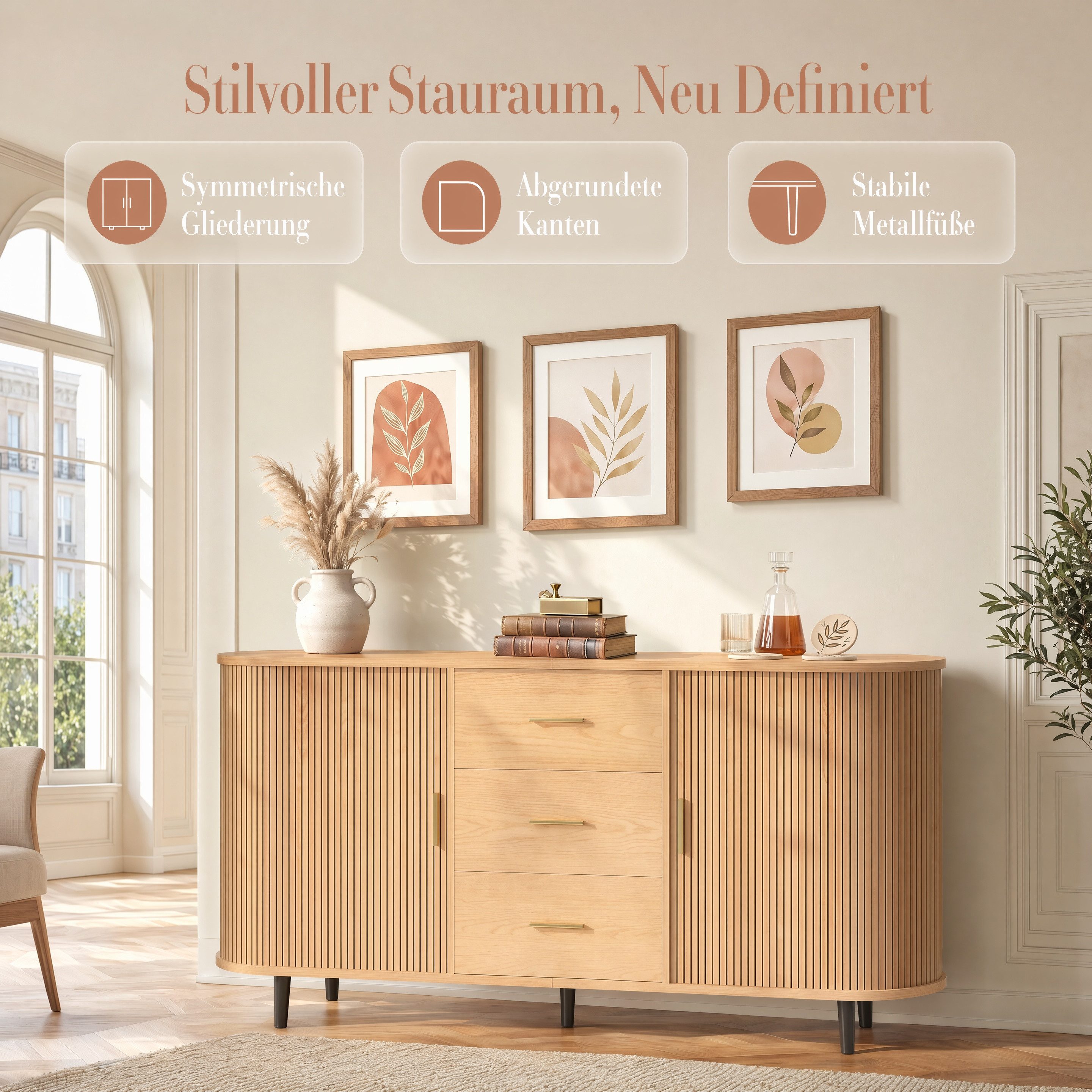 Totnz Sideboard mit 3 Schubladen und 2 Schiebetüren, mit verstellbaren Einlegeböden (Rillendesign, Metallgriffen und Eisenfüßen), für Esszimmer, Wohnzimmer und Flur