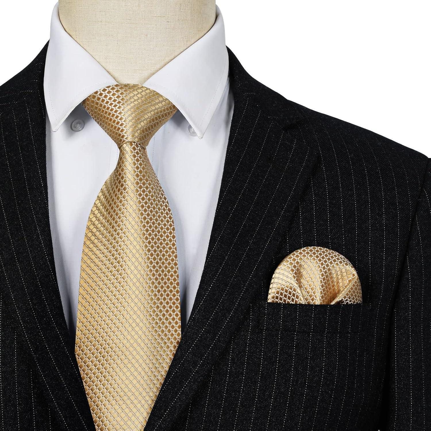 LuxusKollektion Krawatte Krawatte Herren Hochzeit kariert Einstecktuch Blumen Set Gold (1-St) – Bild 3 von 5