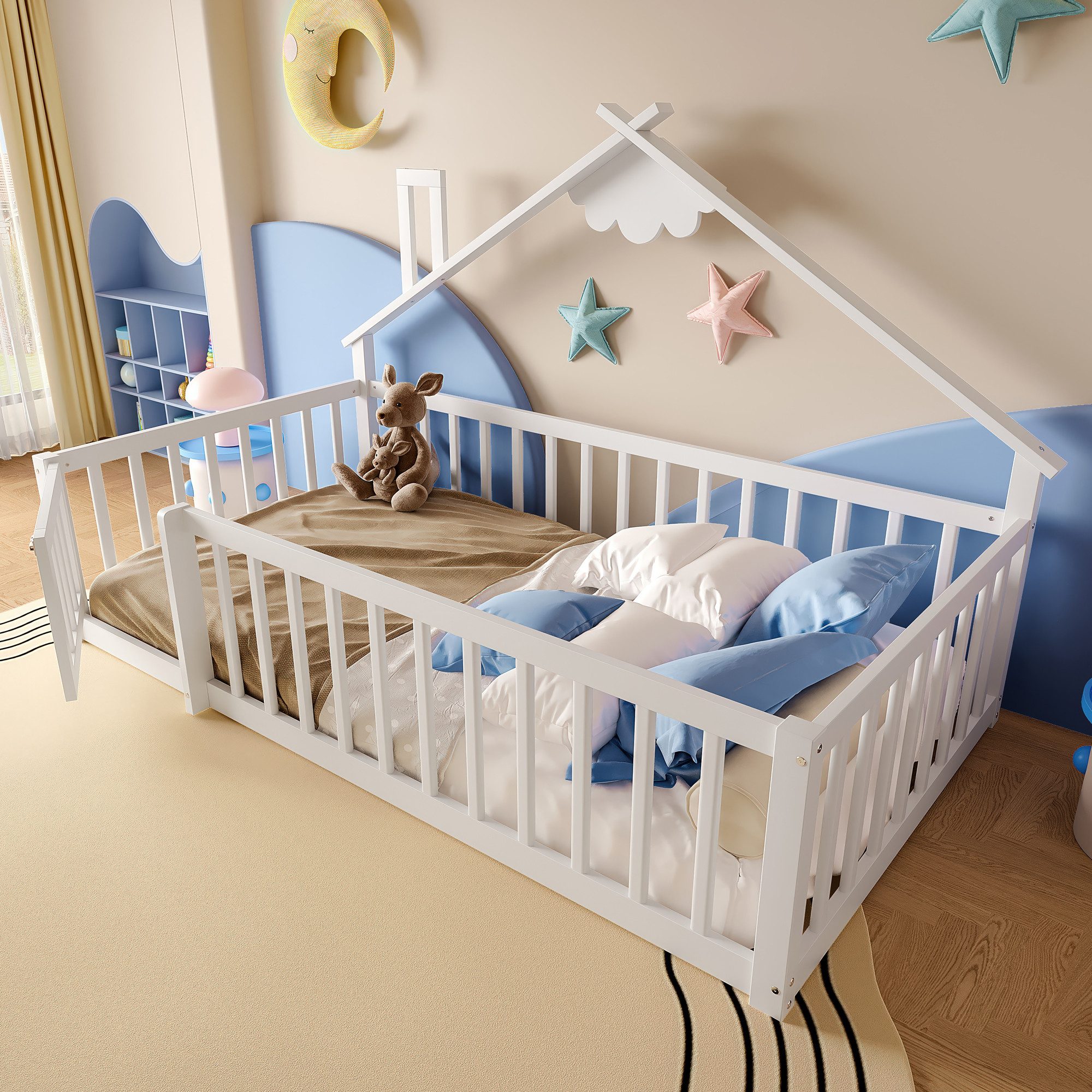 Flieks Kinderbett, Bodenbett Holzbett Hausbett 90x190cm mit Geländer