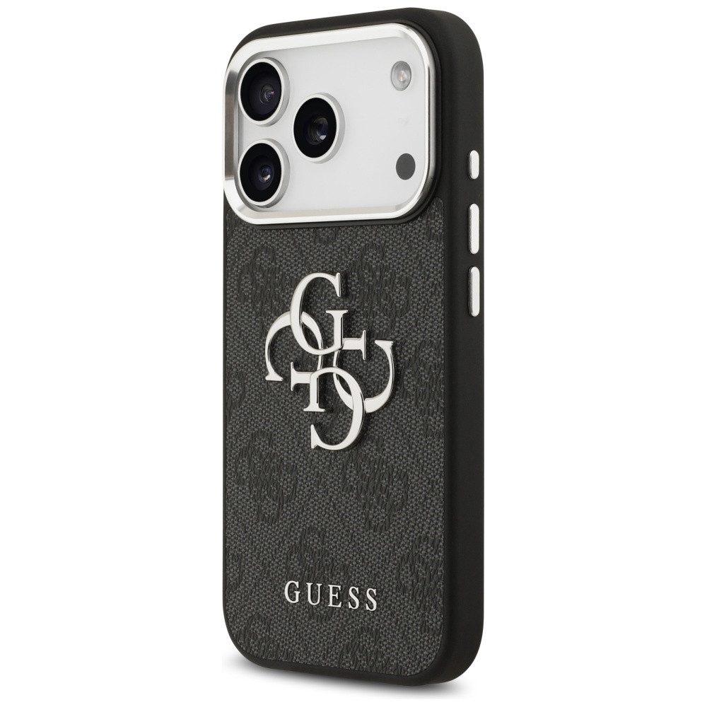 Guess Handyhülle iPhone 17 Pro Kunstleder grau Big Logo Metall silber 6,3 Zoll, Kantenschutz