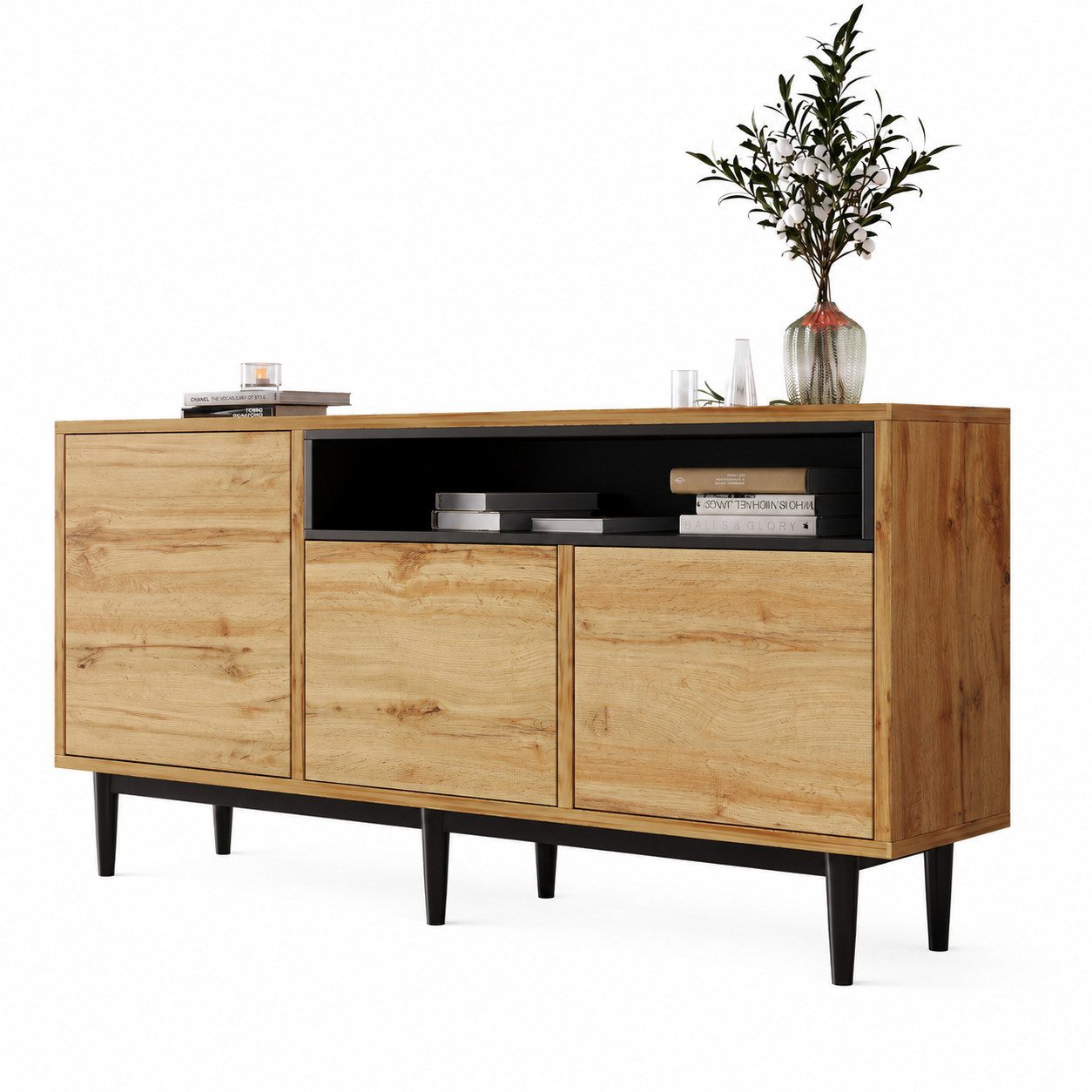Merax Sideboard im Landhausstil mit Metallfüße, Anrichte aus Holz mit verstellbaren Einlegböden,Kommode,B:160cm