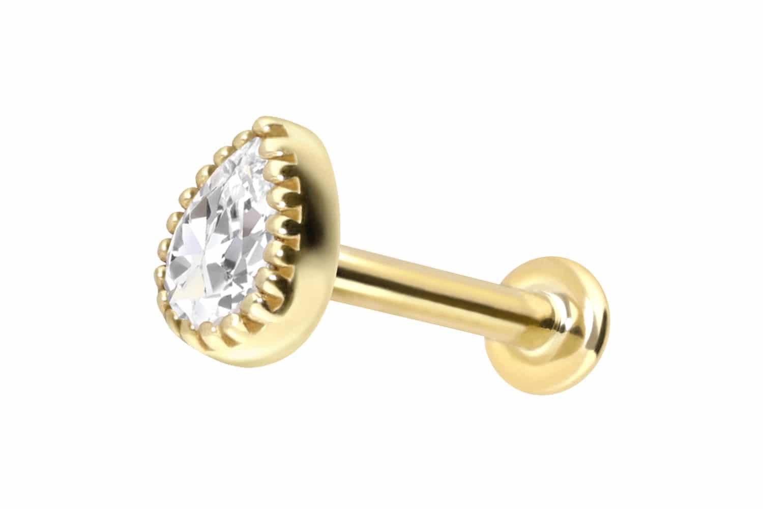 Piercing-Set 14 Karat Gold Labret mit Push Fit MOISSANIT-TROPFEN