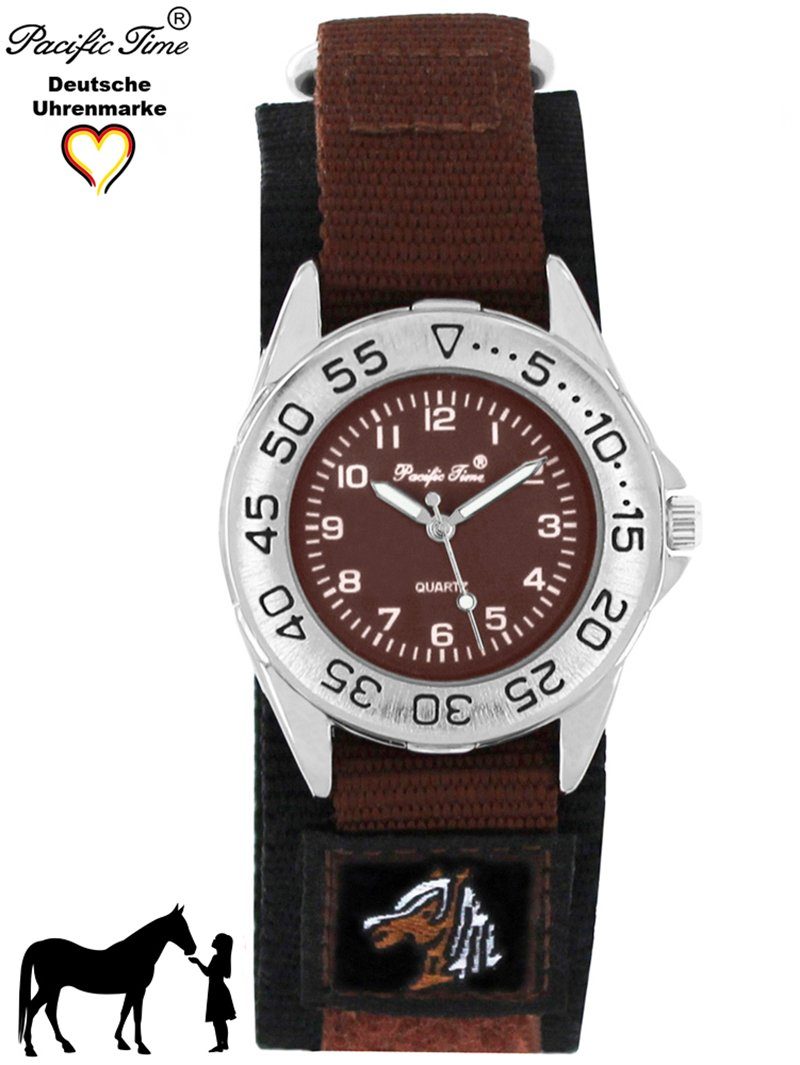 Quarzuhr Gratis Kinder Pferd Pacific Stoffarmband braun Armbanduhr Versand Time Klettverschluß,