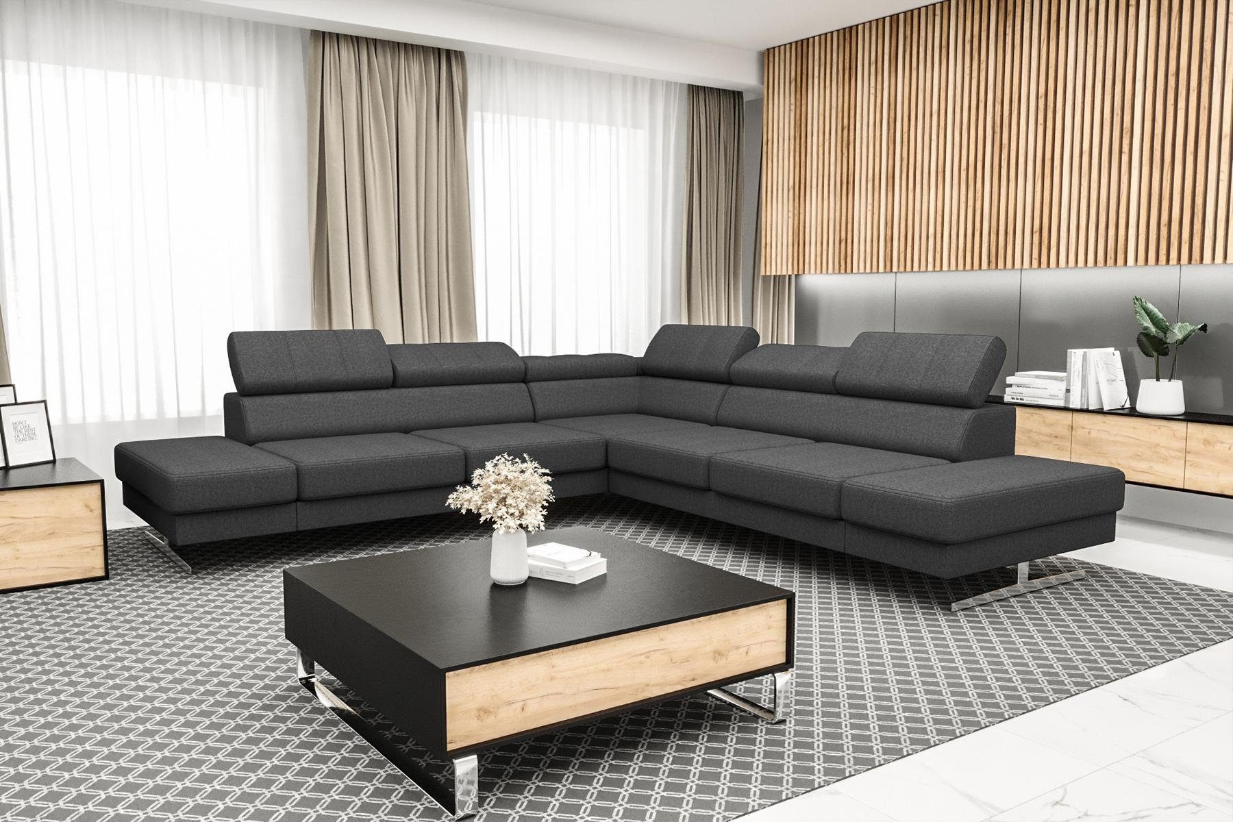 Designer Grau Wohnzimmer Ecksofa Couch Luxus Textil, JVmoebel L-Form Made in Schwarzes Sofa Europe