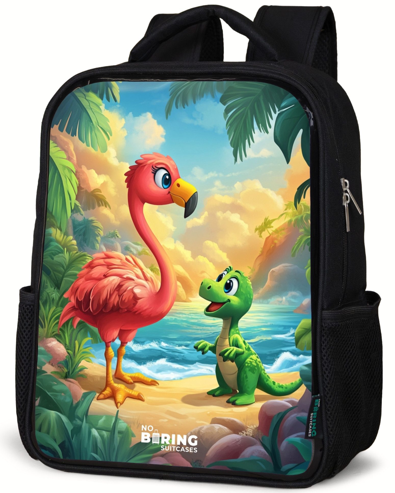 Flamingo und Dinosaurier am Strand bei Sonnenuntergang