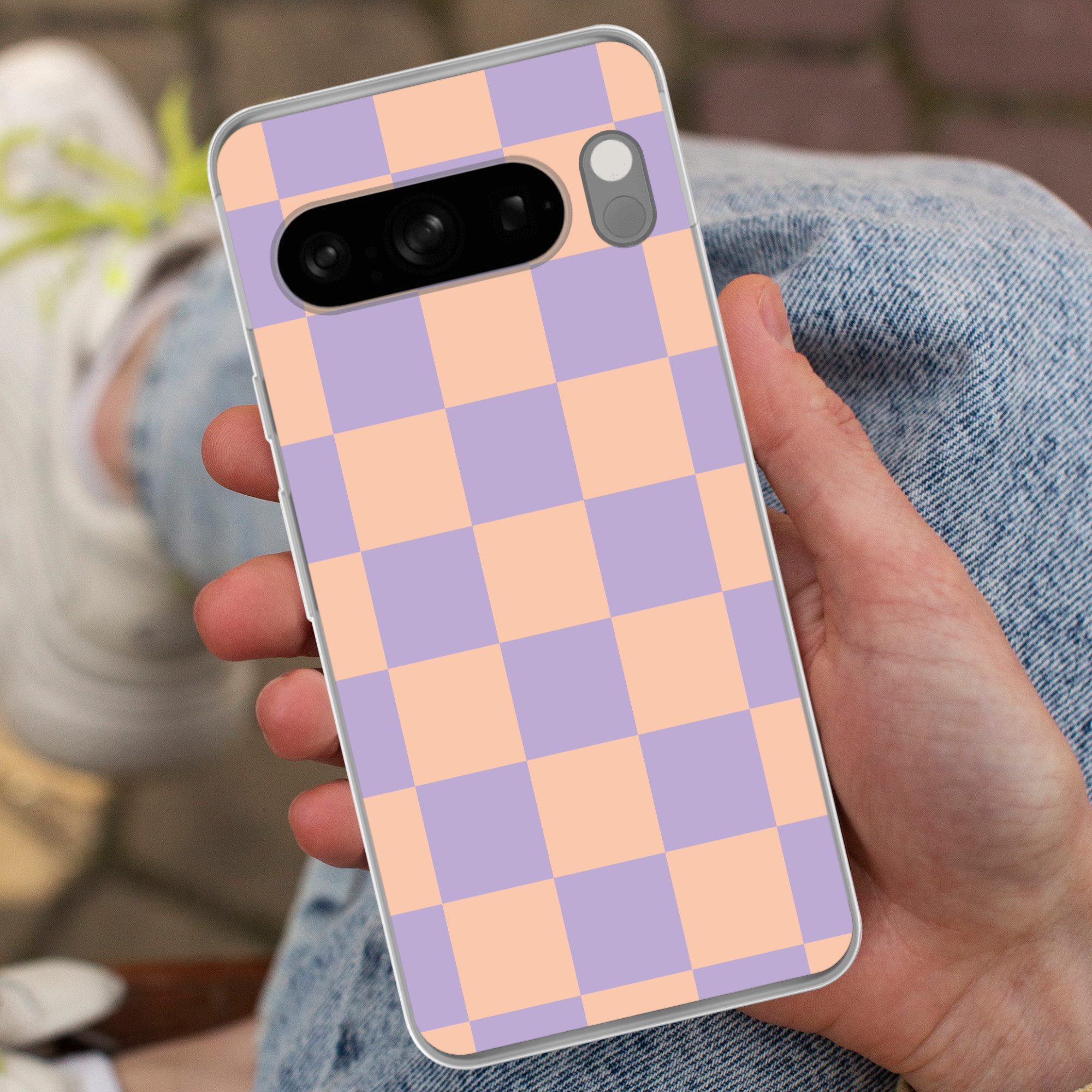 MuchoWow Handyhülle für Google Pixel 8 Pro Schachbrettmuster - Lila - Rosa - Würfel, Phone Case, Silikon, Schutzhülle Dünn