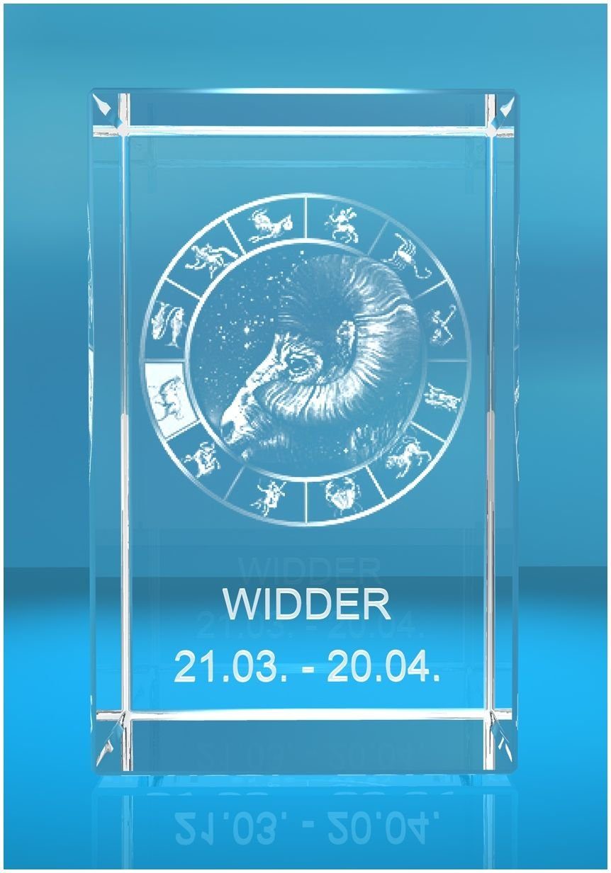 VIP-LASER Dekofigur 3D Glasquader Motiv: Sternzeichen Widder, Hochwertige Geschenkbox, Made in Germany, Familienbetrieb