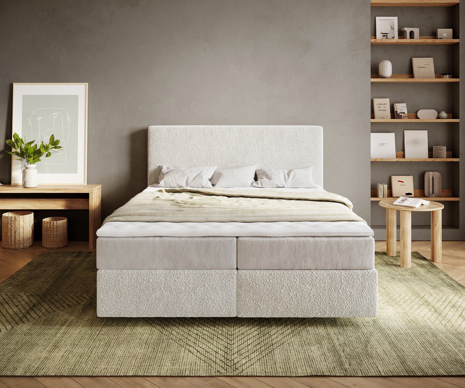 DELIFE Boxspringbett Dream-Well, Bouclé Creme-Weiß 160x200 günstig online kaufen