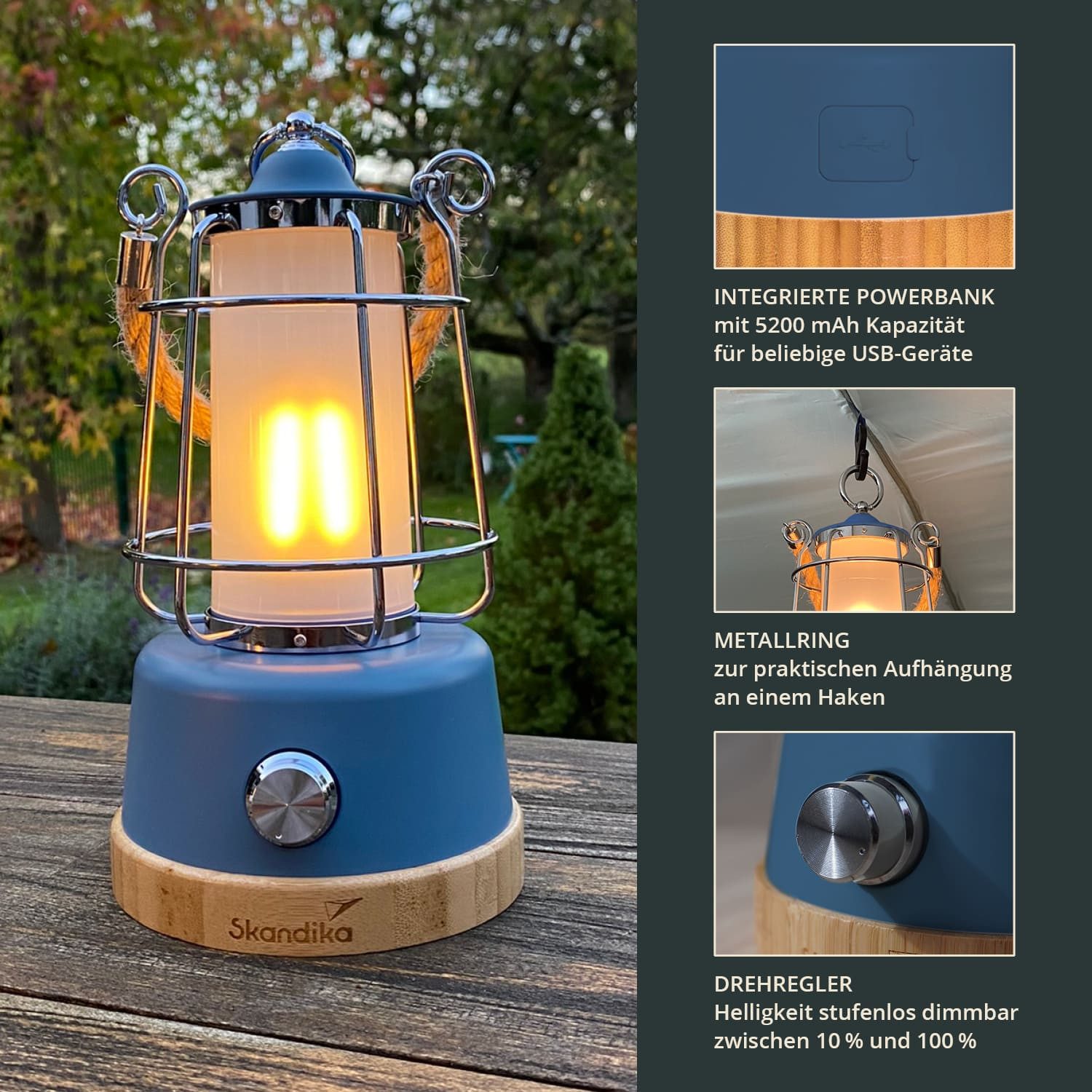 Skandika LED Gartenleuchte Campinglampe Kiruna aufladbar mit Powerbank 5000 mAh, USB, Retro Outdoor Lampe, stufenlos dimmbar, kabellos, 75h Leuchtzeit, Akku – Bild 4 von 5