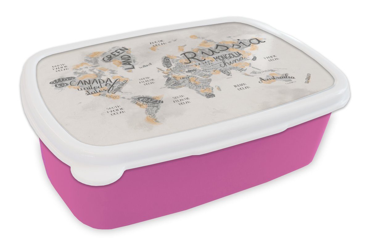 MuchoWow Lunchbox Weltkarte - Briefe - Braun, Kunststoff, (2-tlg), Brotbox für Erwachsene, Brotdose Kinder, Snackbox, Mädchen, Kunststoff rosa