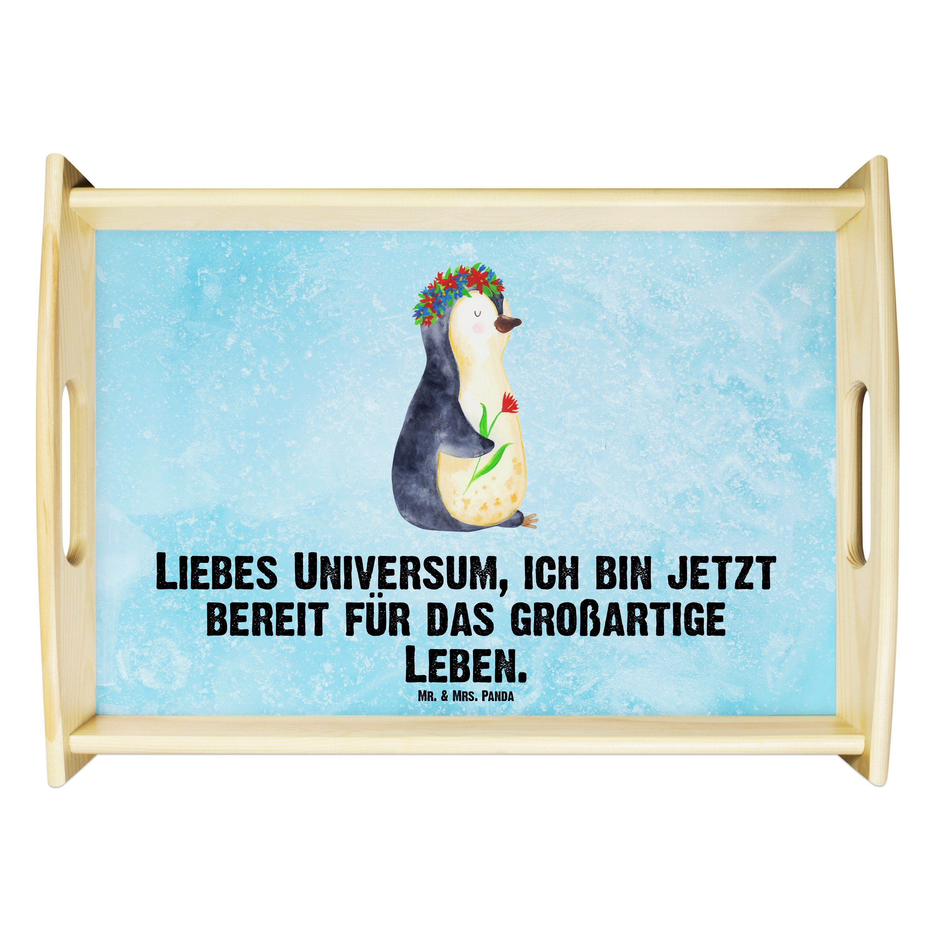 Mr. & Mrs. Panda Tablett Pinguin Blumenkranz - Eisblau - Geschenk, Geschenkidee, Ziele, wunder, Echtholz lasiert, (1-tlg)