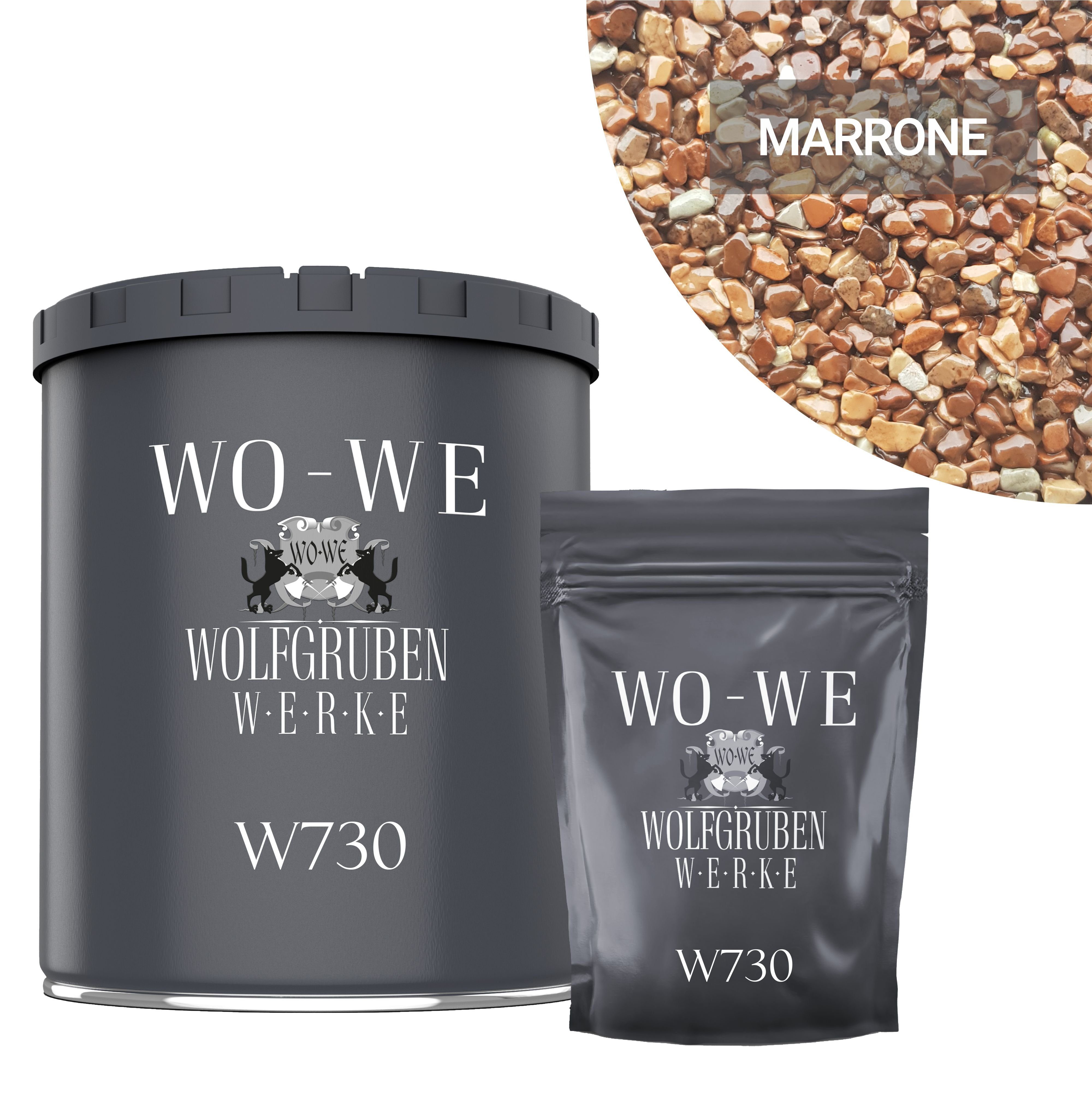 WO-WE Bodenfliese Steinteppich Set Marmorkies Bodenbeschichtung W730 2qm, Korngröße 1-4mm, Marrone, Set, 25KG Marmorkies + 1,5KG 2k Bindemittel