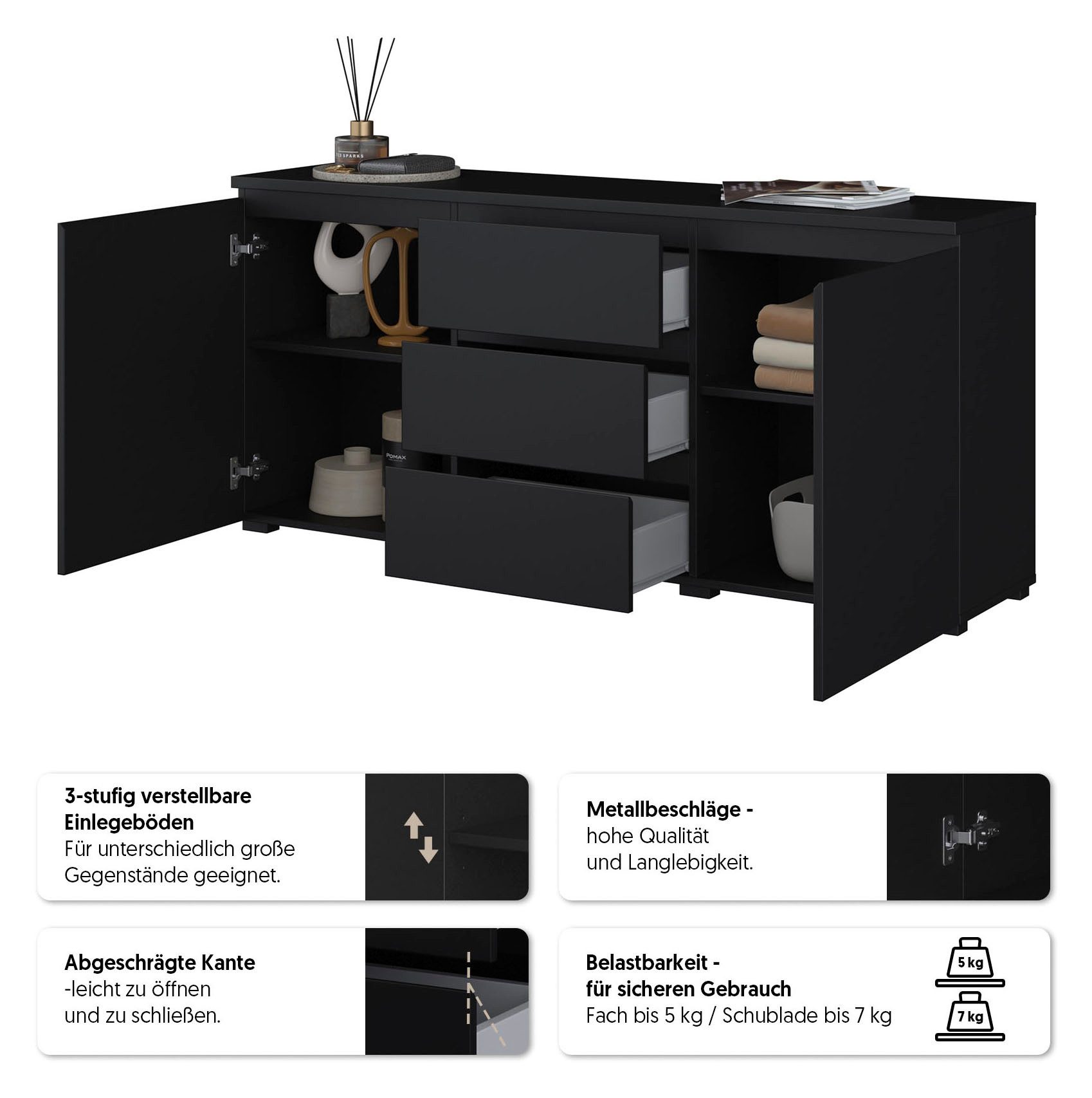 OTTO home Sideboard Modo, Breite 150 cm, moderne grifflose Kommode 2Türen/3 SK, Schubladenkommode mit viel Stauraum, Einlegeböden verstellbar
