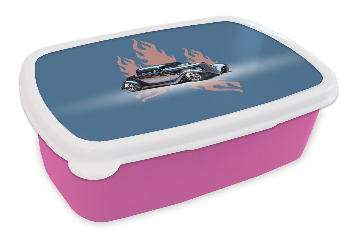 MuchoWow Lunchbox Auto - Blau - Flammen - Vintage, Kunststoff, (2-tlg), Brotbox für Erwachsene, Brotdose Kinder, Snackbox, Mädchen, Kunststoff rosa