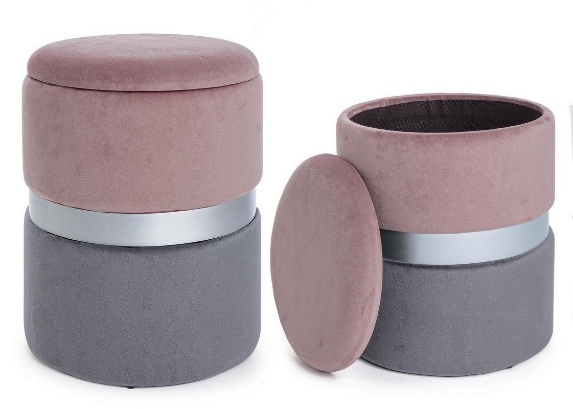 Natur24 Esszimmerstuhl 2er Set Pouf Polina 36 x 36 x 44 cm MDF Polyester Grau Rosa