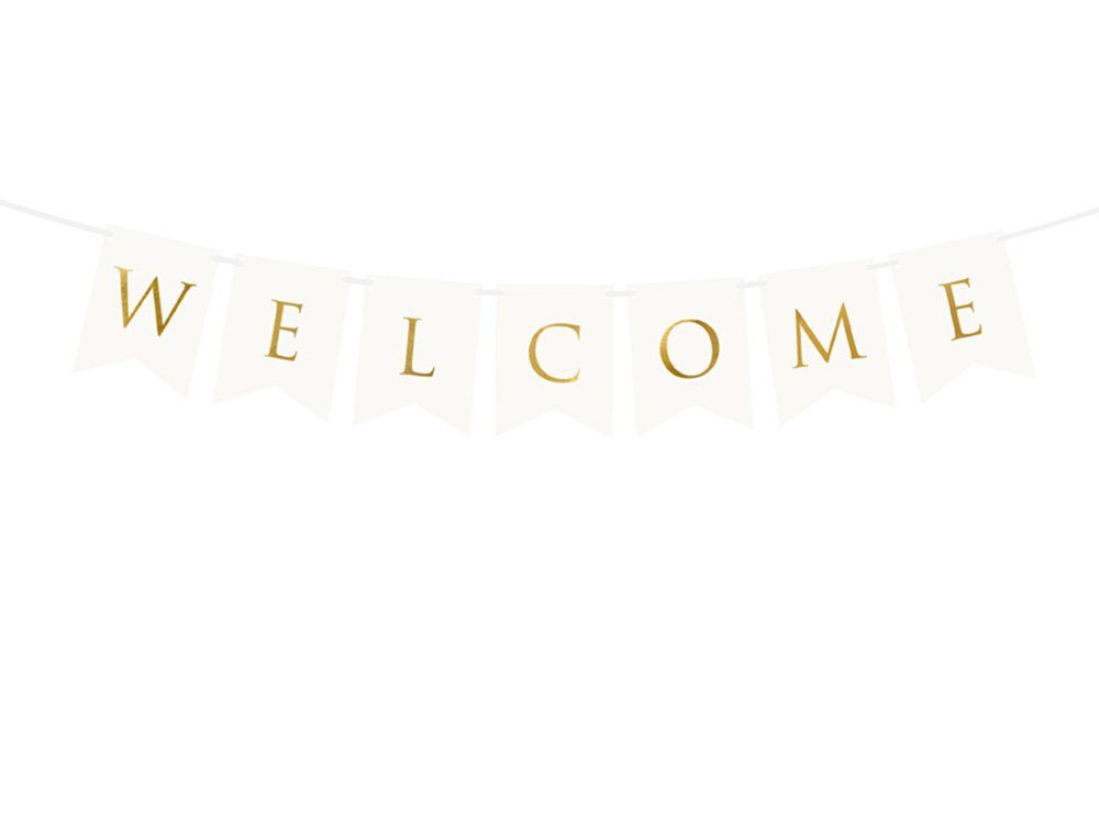 partydeco Wimpelkette, Herzlich Willkommen Girlande "Welcome" 15x95cm weiß / gold