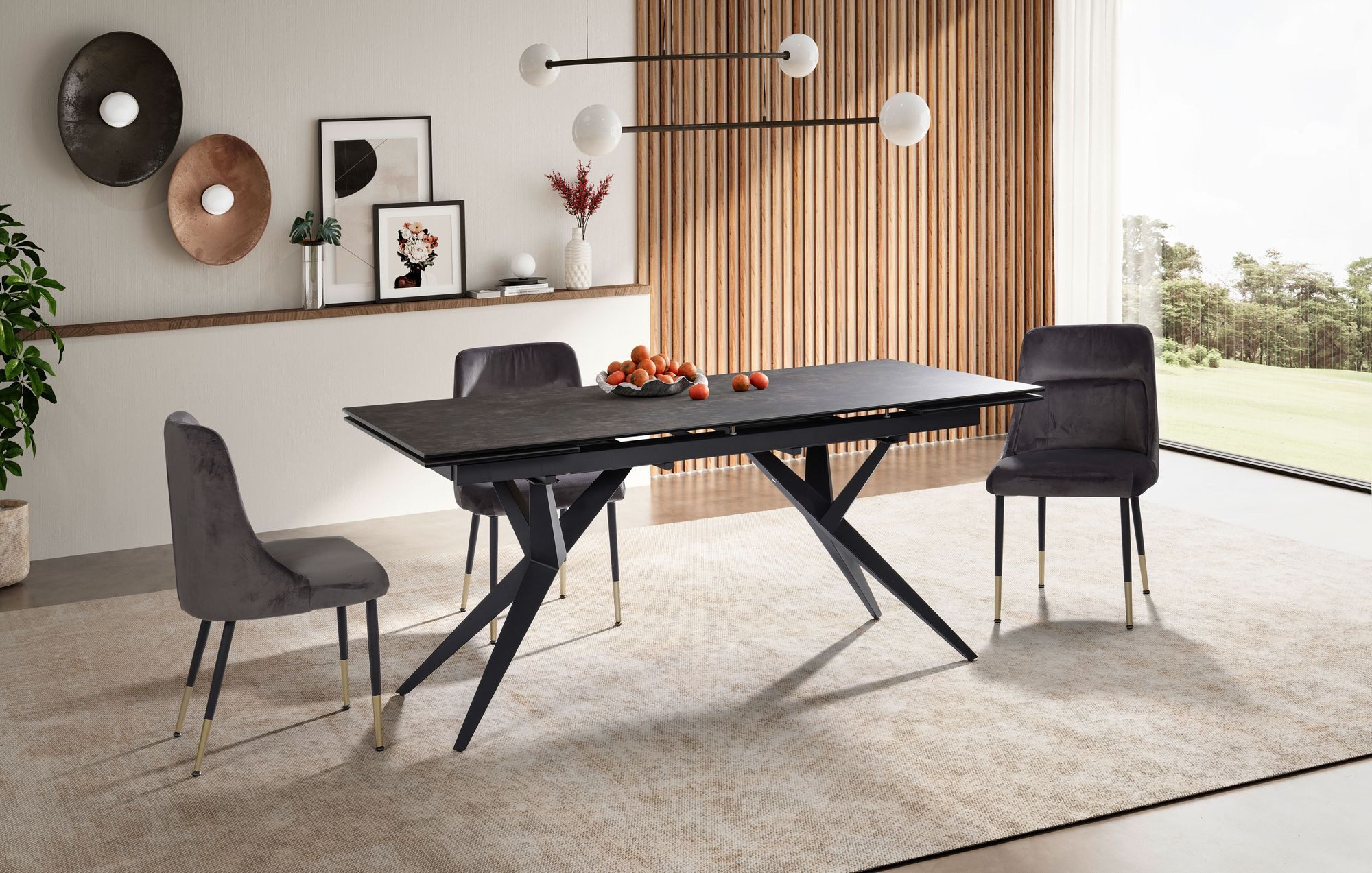 FINEBUY Esstisch FB64097 Ausziehbarer 180–260 cm Keramik Glas Metallgestell Design (180 - 260 cm Glas Keramik Schwarz, Ausziehbar), Esszimmertisch Metallbeine, Keramiktisch Esszimmer