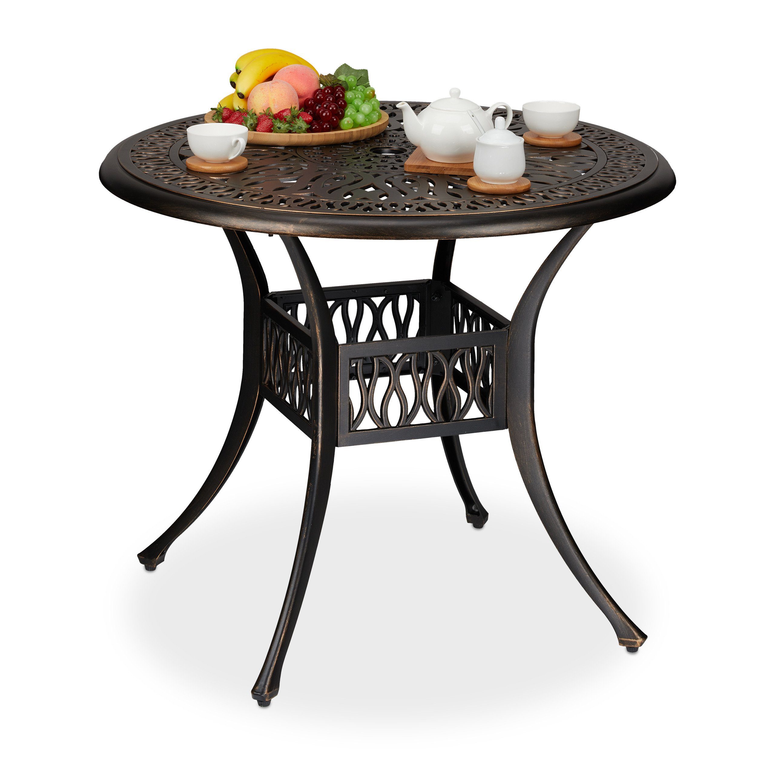 Schwarz-Bronze Gartentisch relaxdays Antiker mit Schirmloch, Gartentisch