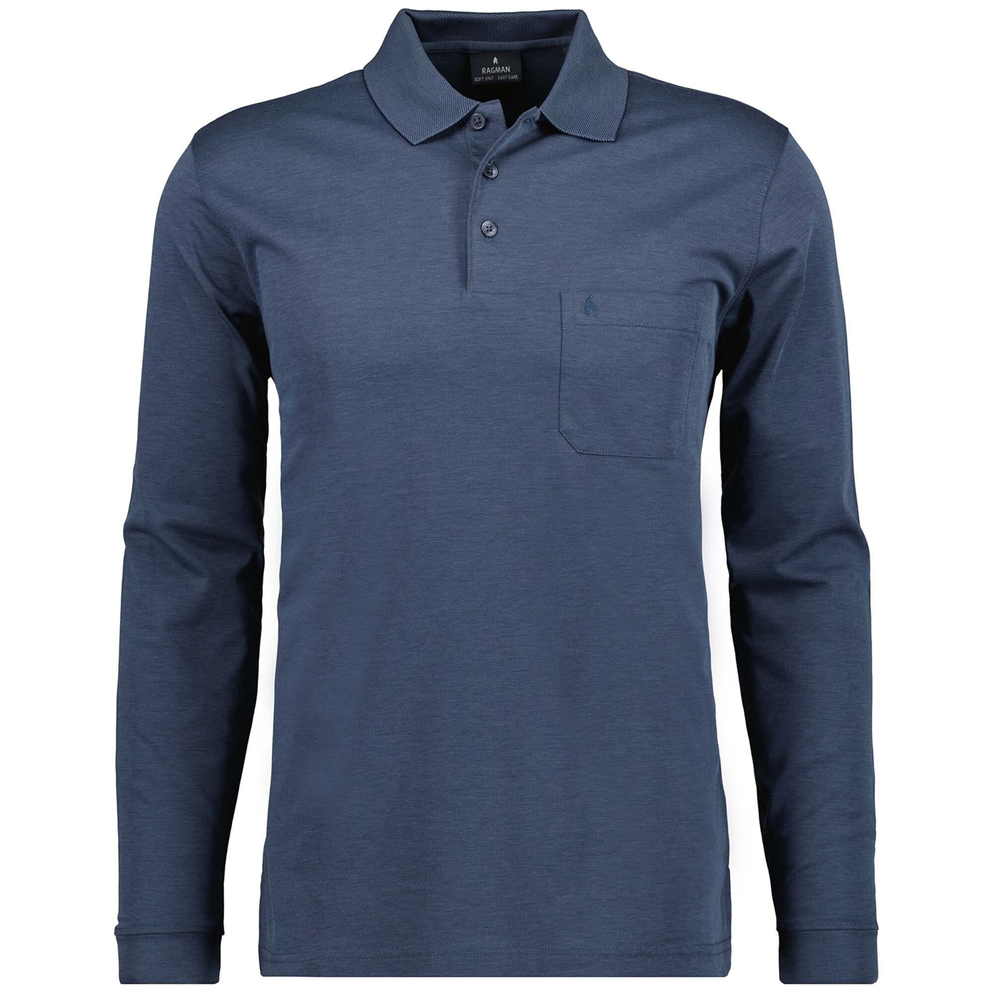 RAGMAN Poloshirt Herren Langarm-Poloshirt Blau Polo Knit - Knopf Soft