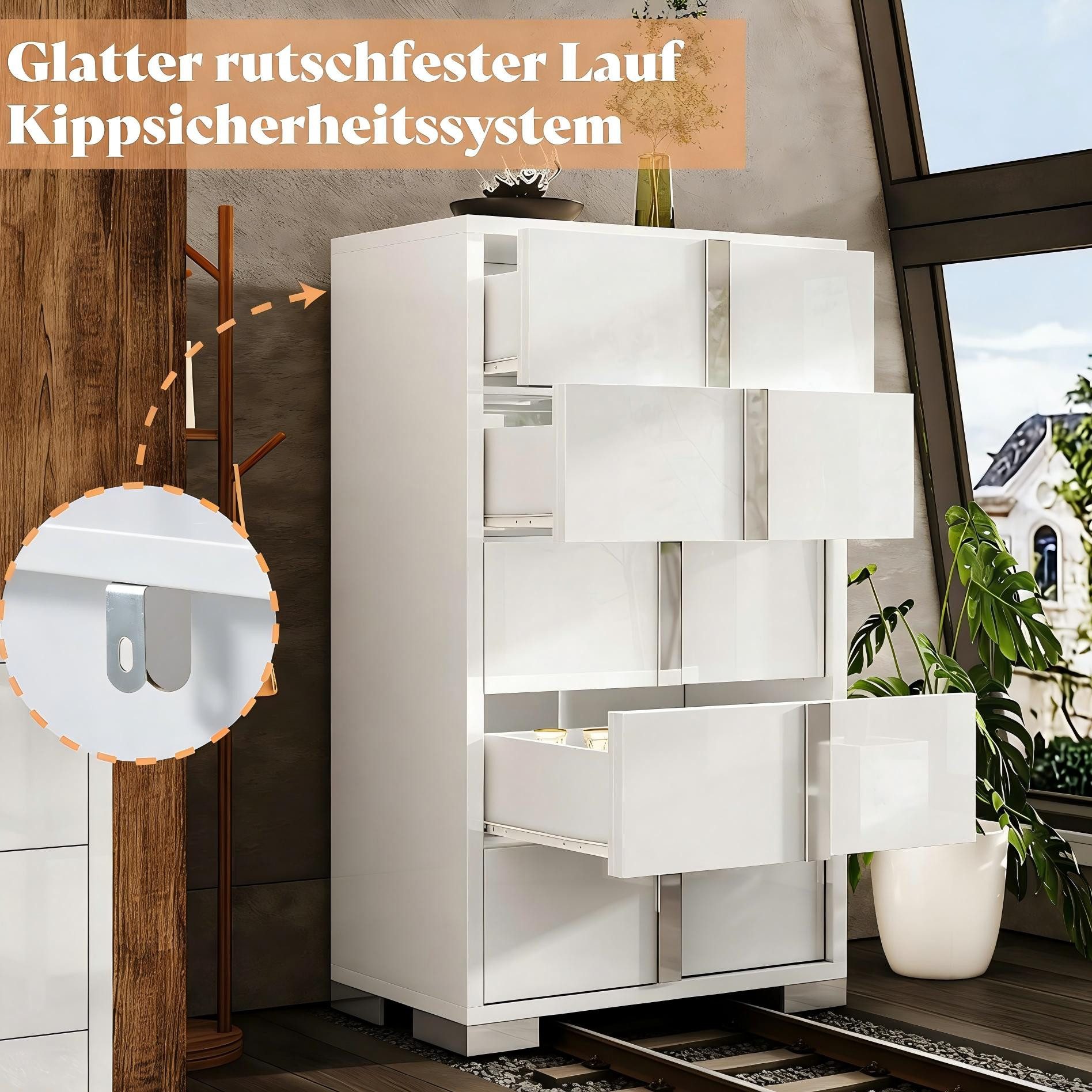 AMERLIFE Kommode Weiß Hochglanz 80x40x127,5 cm mit 5 Schubladen und Anti-Kippschutz (1 St) – Bild 5 von 5