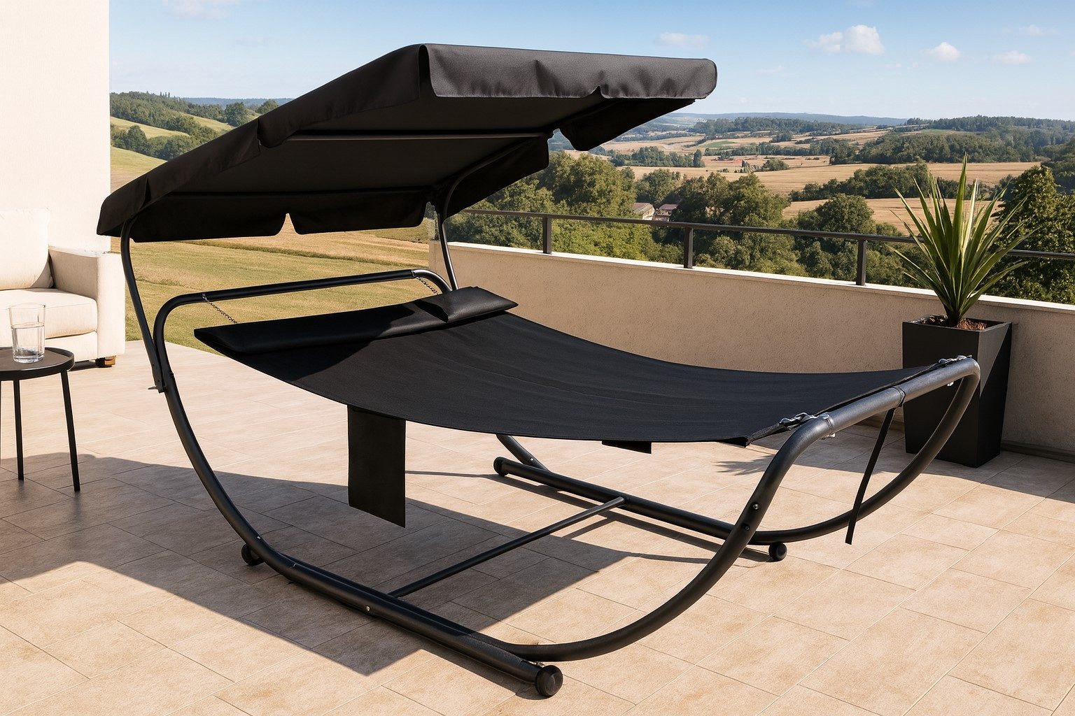 Gardissimo Gartenliege Extra hohe Doppel-Sonnenliege "Luc" Doppelliege Relaxliege, Doppelliege extra hoch mit Sonnendach, Kopfkissen und Tasche, Sonnendach, Kopfkissen, Tasche, für 2 Personen