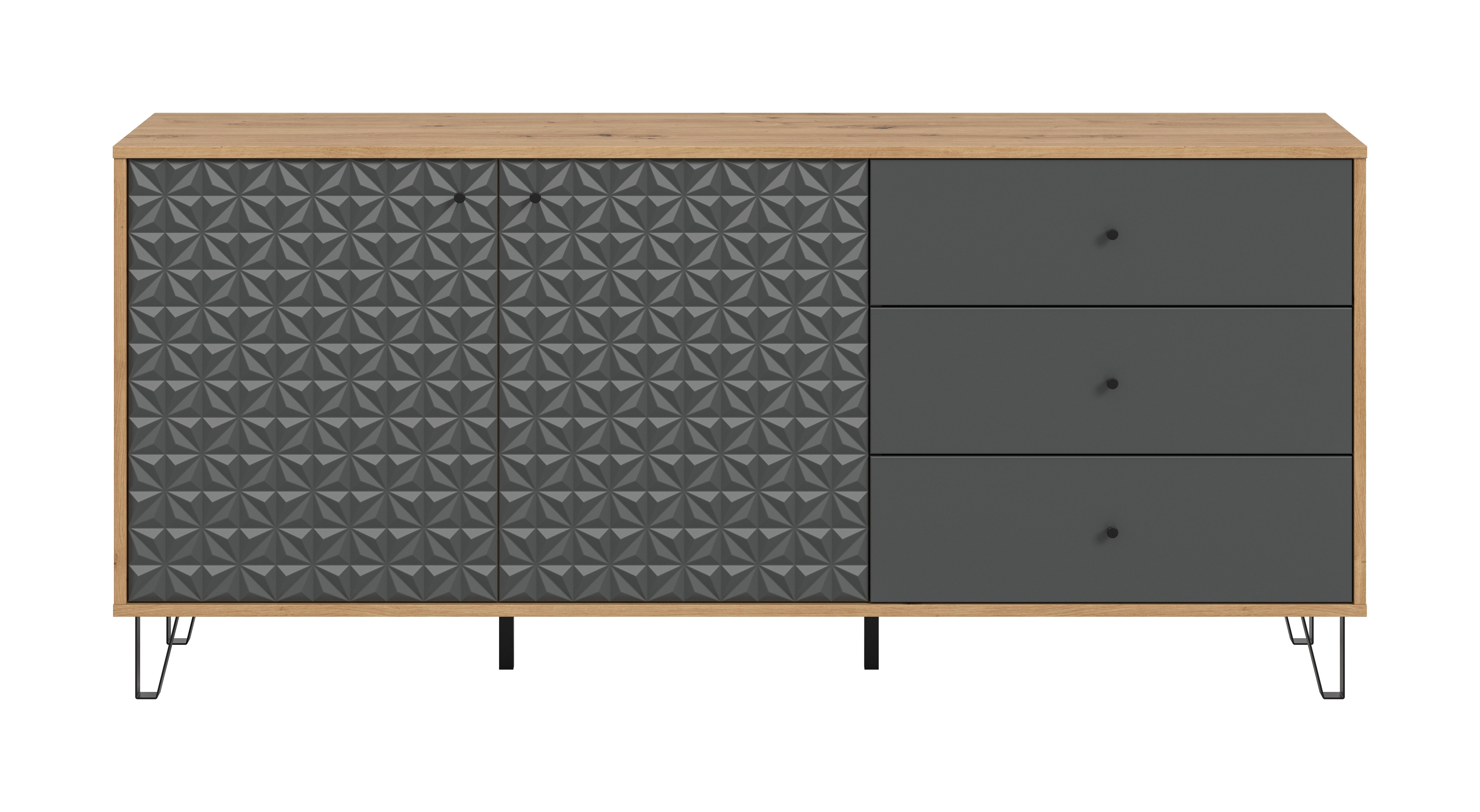 furnling Sideboard Prima, 2 Türen, 3 Schubladen, Prisma Optik in der Front, Breite 169 cm