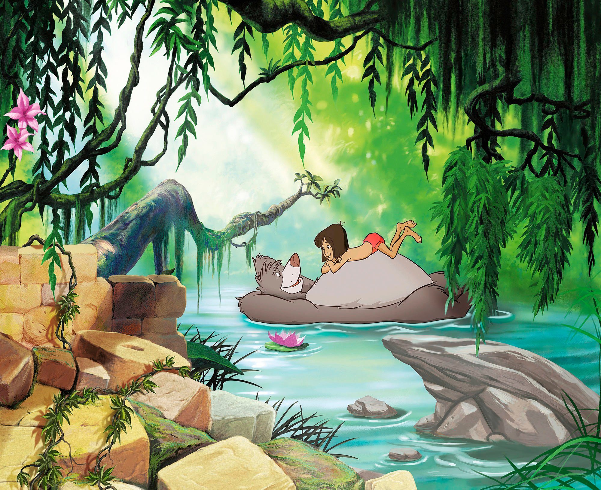 Komar Fototapete Jungle Book Swimming with Baloo - Größe 368 x 254 cm, glatt, bedruckt, Kinderzimmer